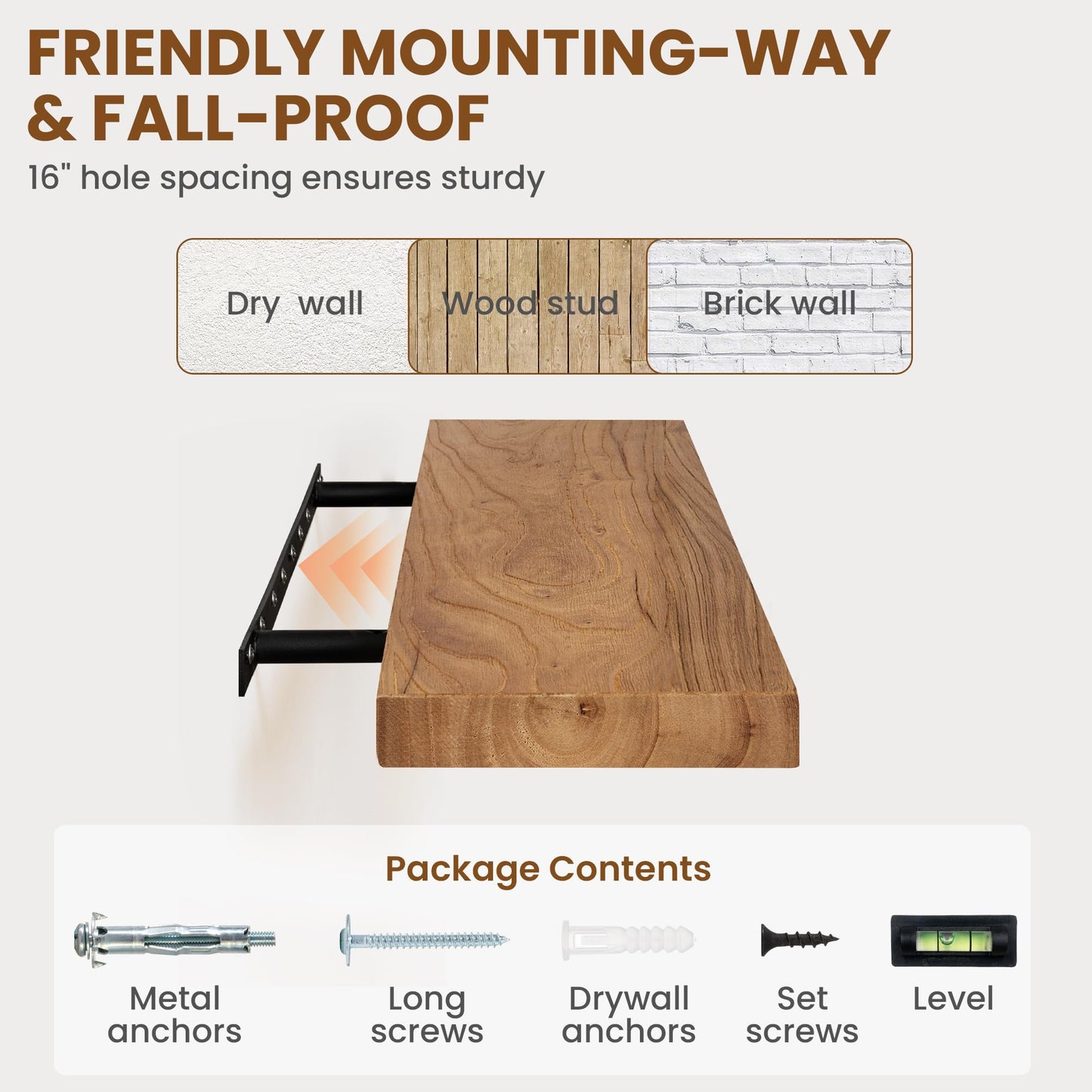 Fun Memories Wood Floating Shelves 40 Inch Long, Solid Elm Wood Wall Shelves Set of 1 for Kitchen, Living Room, Bedroom, Wall-Mounted Rustic Wooden Bathroom Shelf Storage Shelf for Farmhouse, Natural