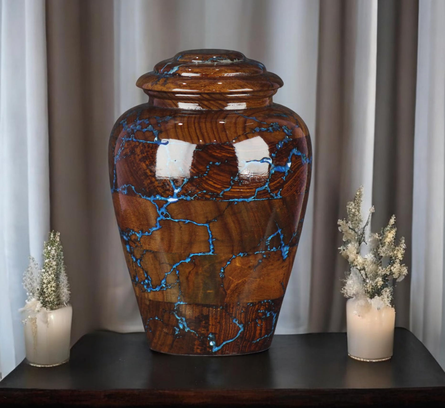 Rosewood Cremation Urns for Human Ashes Adult Male Female, Wooden Urns for Pets Ashes (Large - 200 lbs, Blue Resin)