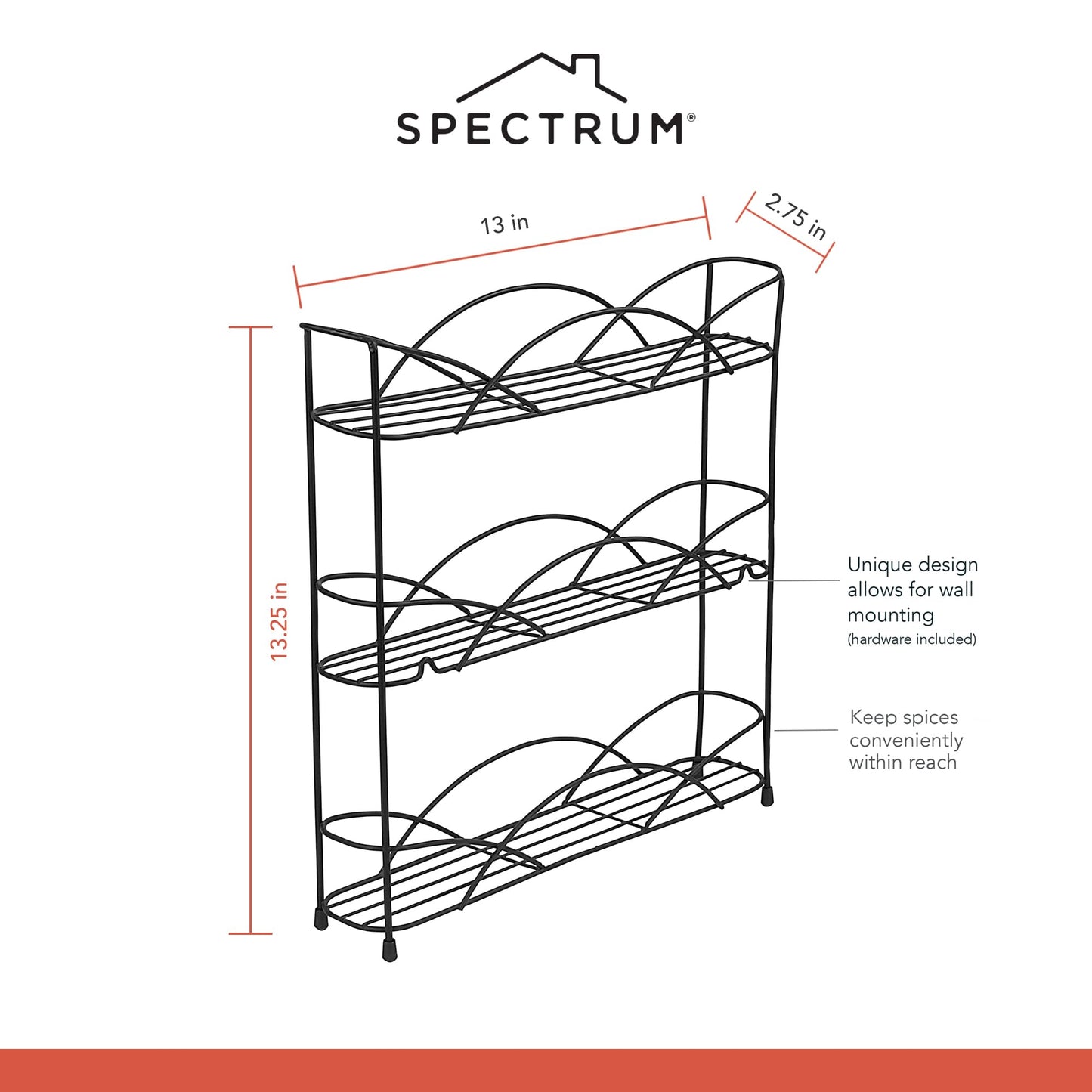 Spectrum 3 Tier Spice Rack Organizer Black Countertop Wire Shelf Spice Rack for Modern Kitchen Pantry Cabinet, Organize Spices with Three Tier Spice Shelf for Kitchen Storage with Wall Mount Option