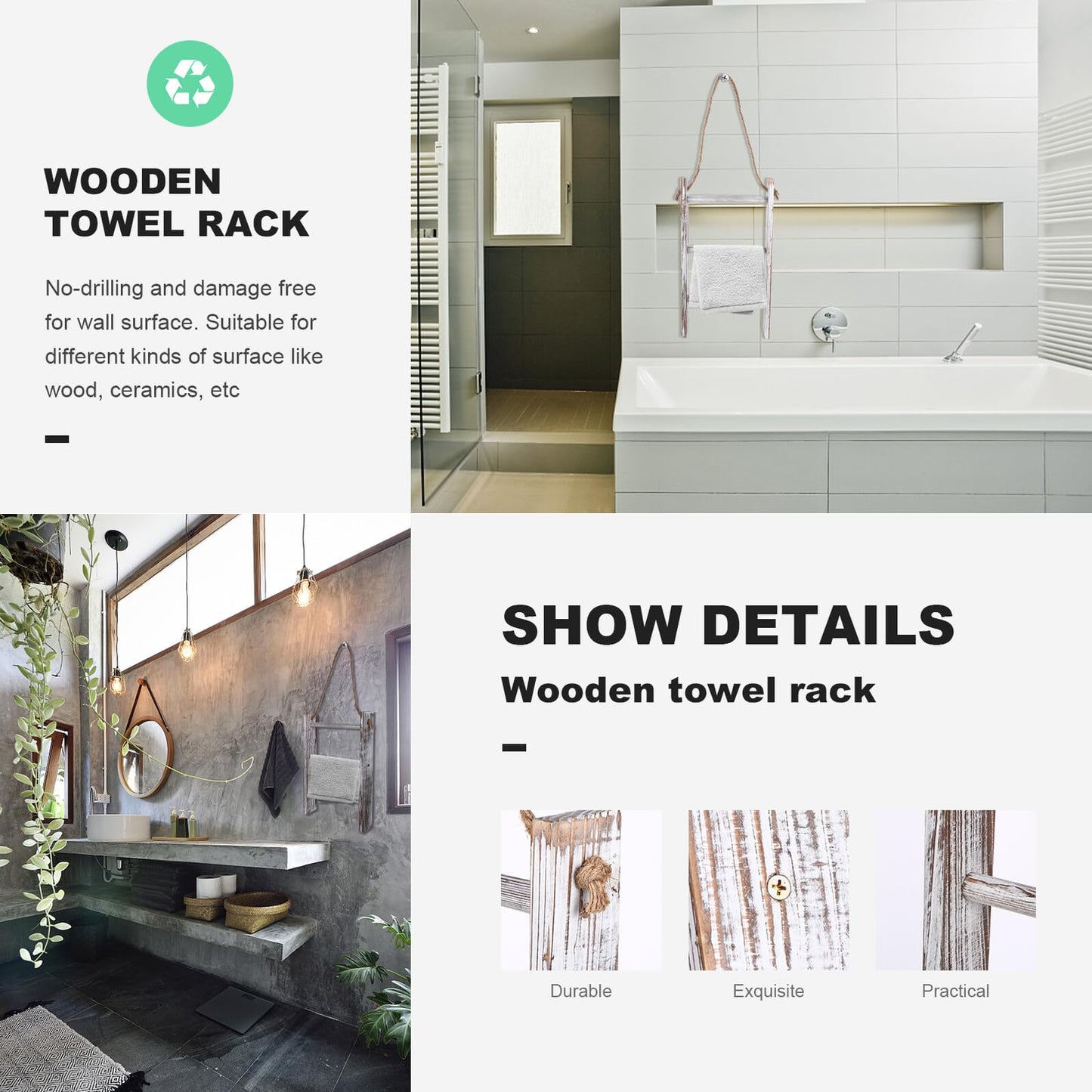 BESPORTBLE Rustic Wooden Towel Ladder Rack Bathroom Storage Rack with Rope Lightweight Timber Towel Holder Washcloths and Decorative Quilts Multipurpose Bathroom and Kitchen Organizer