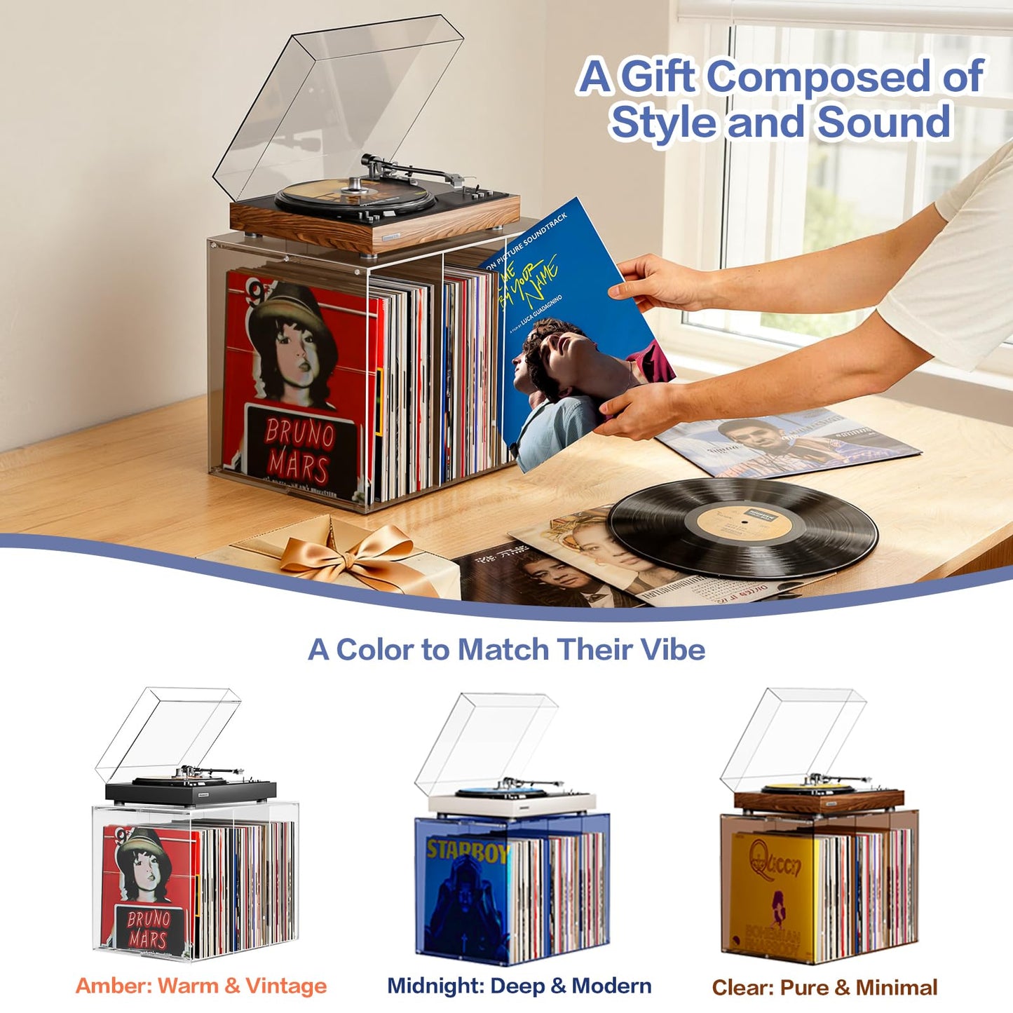 Bikoney Vinyl Record Storage,Stackable Cube Acrylic Vinyl Record Holder,Tabletop Record Player Stand,Vinyl Holder & Album Storage Box Crate Bin, Warm Amber