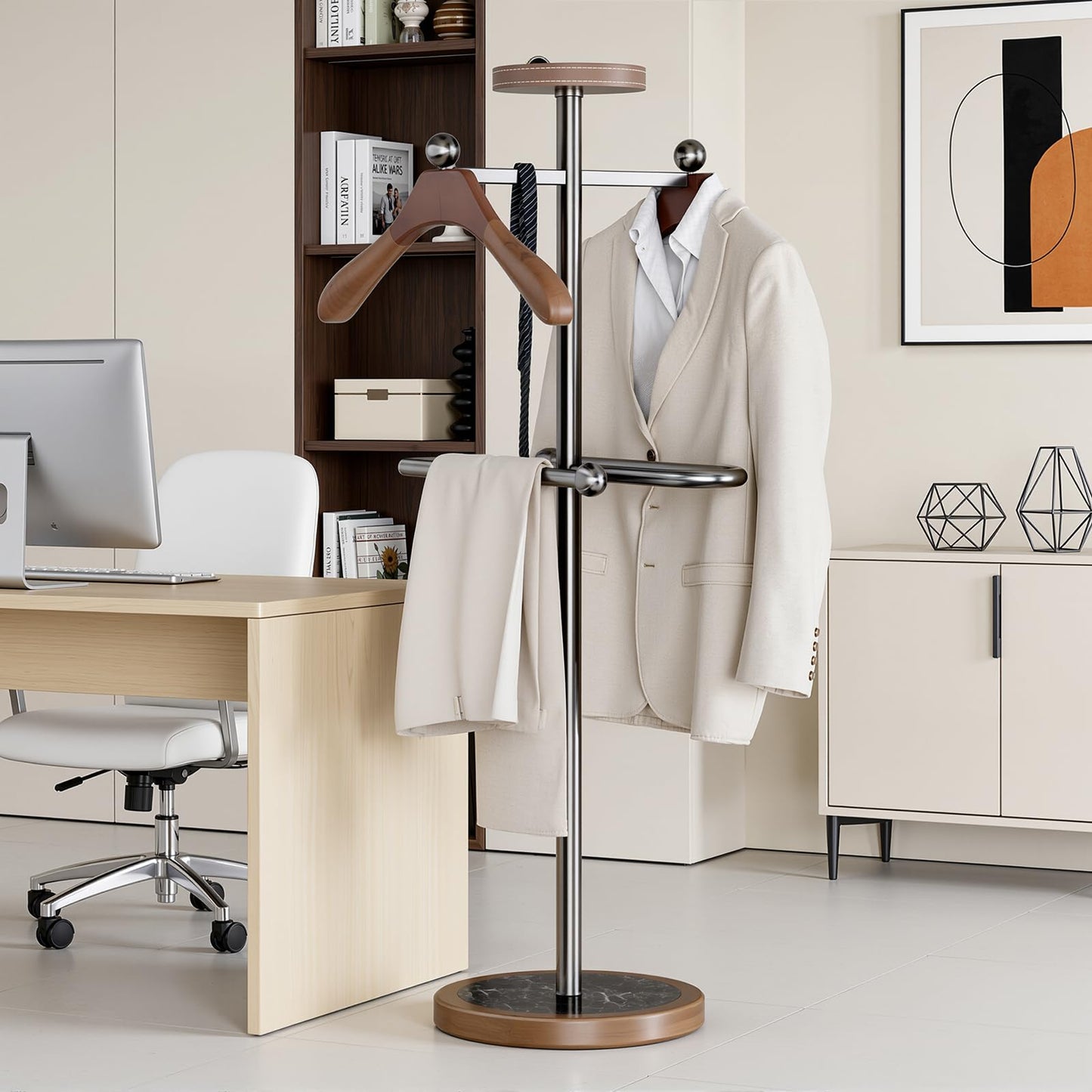 MLAVUDM Suit Valet Stand with 2 Wooden Hangers & Storage Tray, Stainless Steel Frame, Solid Natural Marble Base, Freestanding Clothing Valet for Men, Bedroom, Office, Entryway (12.6 x 54.33 in)