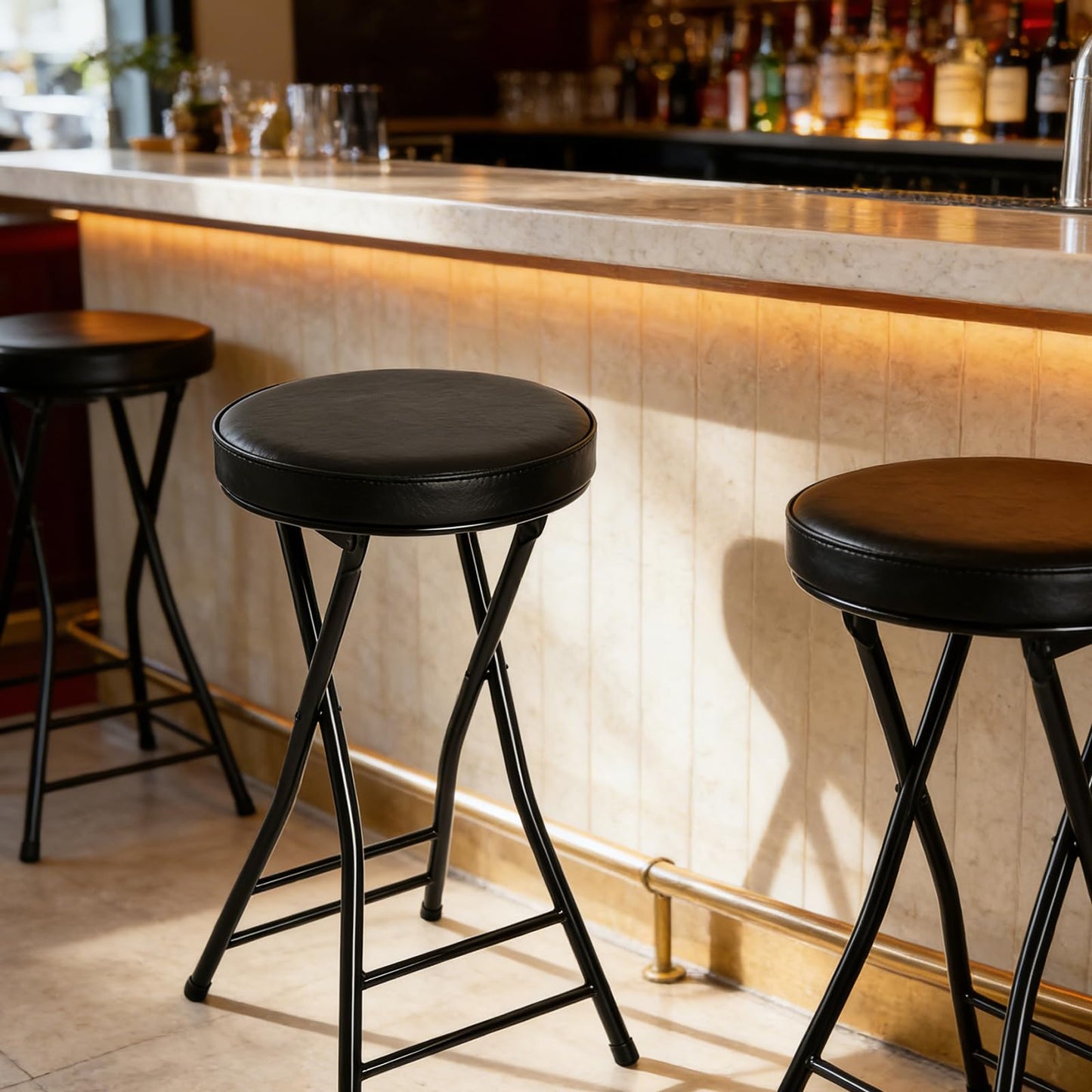 Puclekne Folding Bar Stool,24 Inch Tall Foldable Stool Chair,Counter Height Cushioned Leather Padded Portable Stools,Heavy Duty Collapsible Stools for Kitchen Island Garden Camping Brown