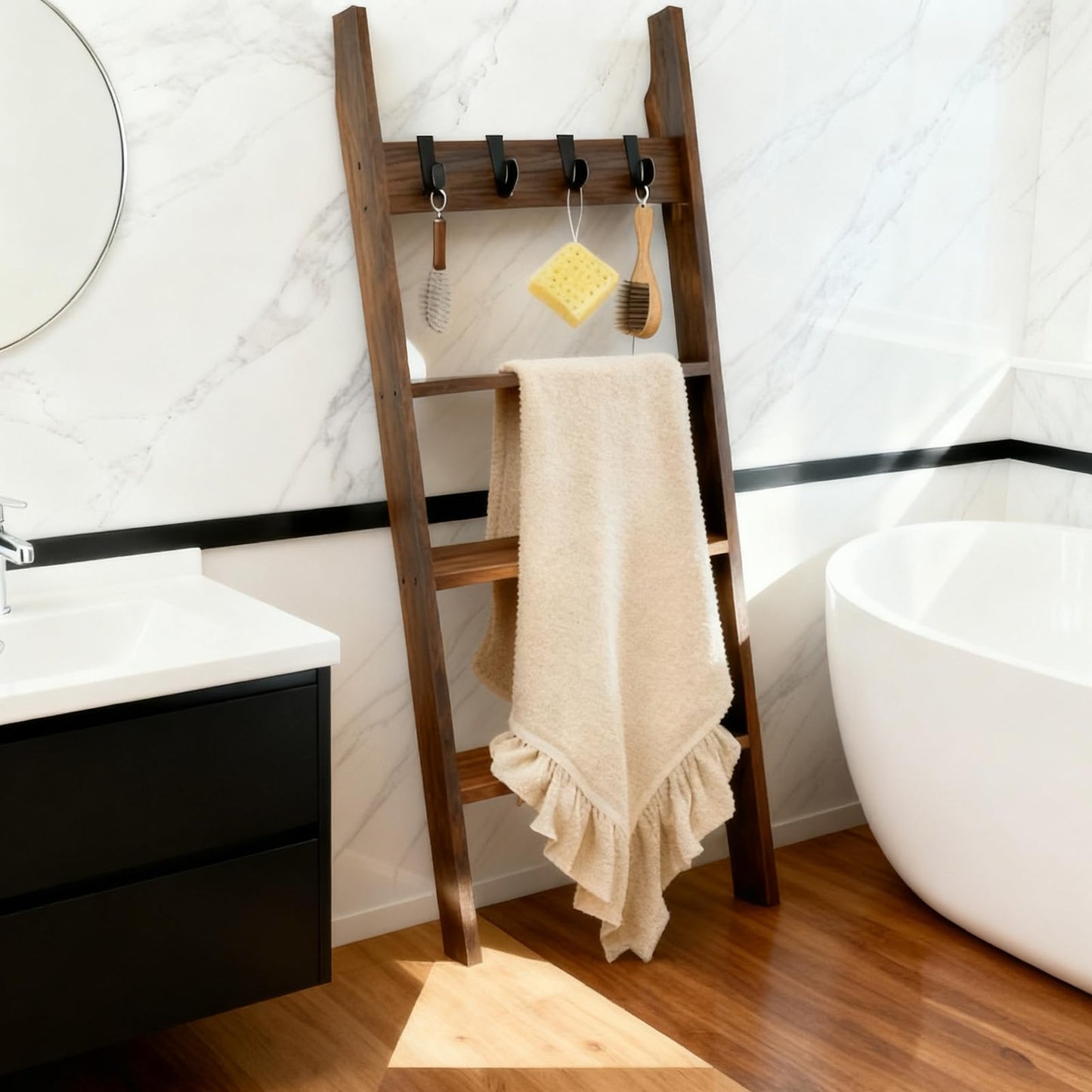 GUVIBAYB 50 Inch Towel Stands - 4-Tier Rustic Wooden Towel Holder, Standing Bathroom Towel Rack with 4 Hooks for Bathroom