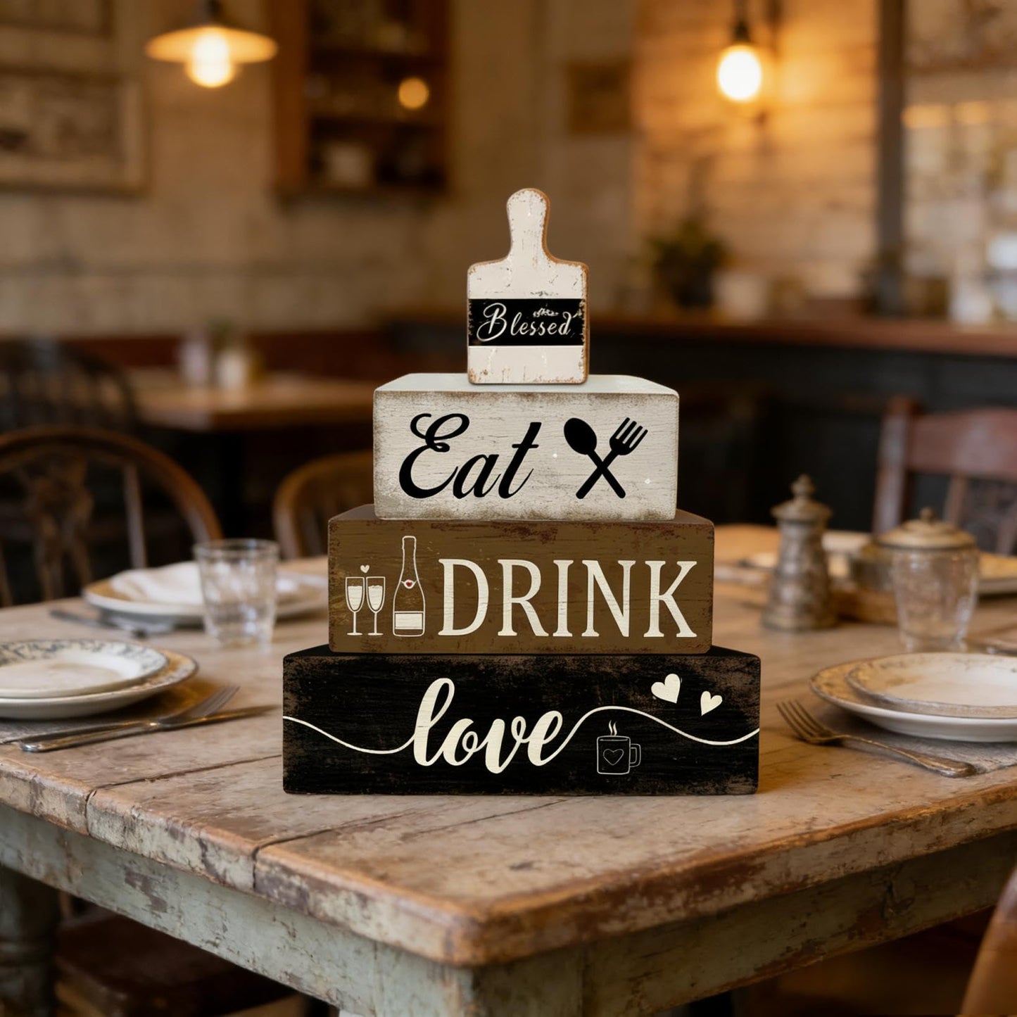 4 Pcs Farmhouse Kitchen Table Decoration Wooden Tiered Tray Decor Rustic Plate Tableware Centerpiece Block Sign for Kitchen Dinging Room Shelf Desk Decoration