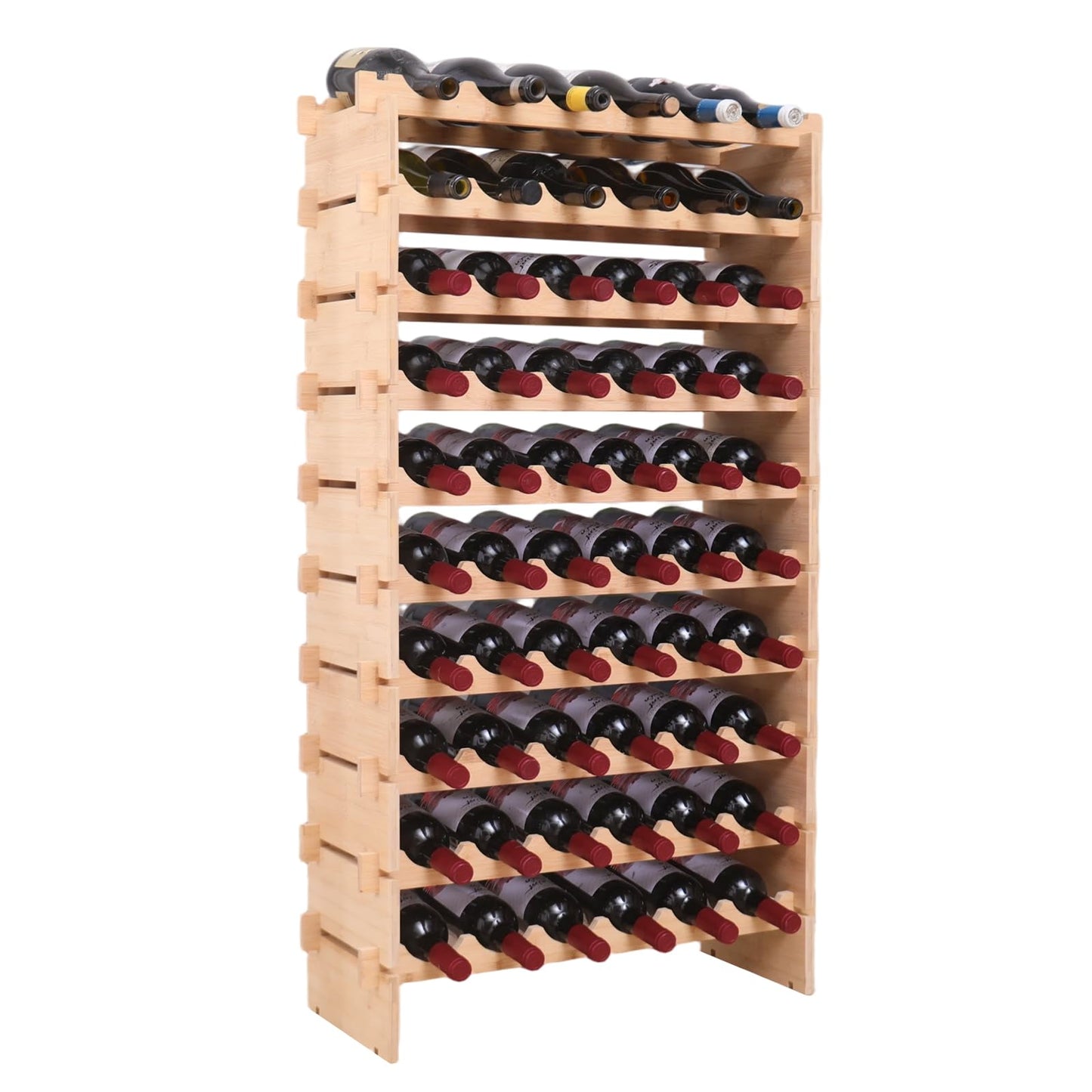 fcxagy 60 Bottles Bamboo Stackable Modular Bamboo Wine Rack, 10-Tier Wooden Wine Storage Rack Freestanding Wine Holder Display Shelves,Wine Rack freestanding Floor
