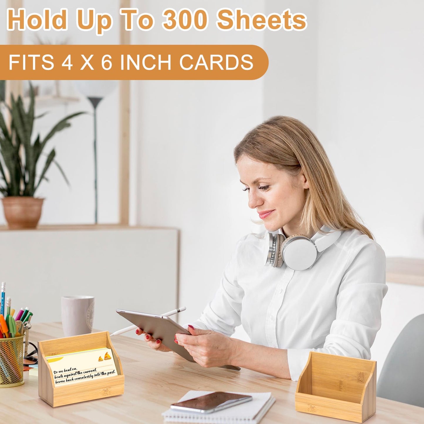 SHIQIKEJIPTY 2 Pack Wood Index Card Holder 4x6 Inch Index Card Box Notecard Box Business Cards Organizer Post Cards Case Display Stand for Business Desk Office Home School Holds 300 Sheets