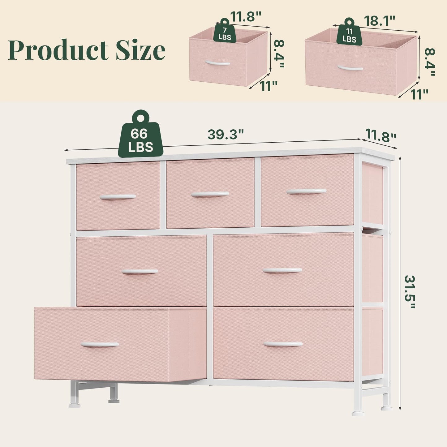 HAPPYMONT Fabric Dresser for Bedroom with 7 Drawers, Chest of Drawers, Wood Top and Metal Frame Organizer for Clothes, Closet, Entryway, Hallway, Living Room Furniture