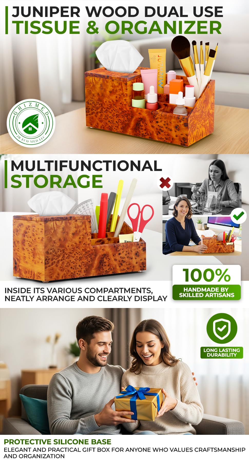 Wooden Tissue Box Holder with Storage Organizer for Desk, Bathroom & Nightstand โ Handmade Wood Tissue Cover