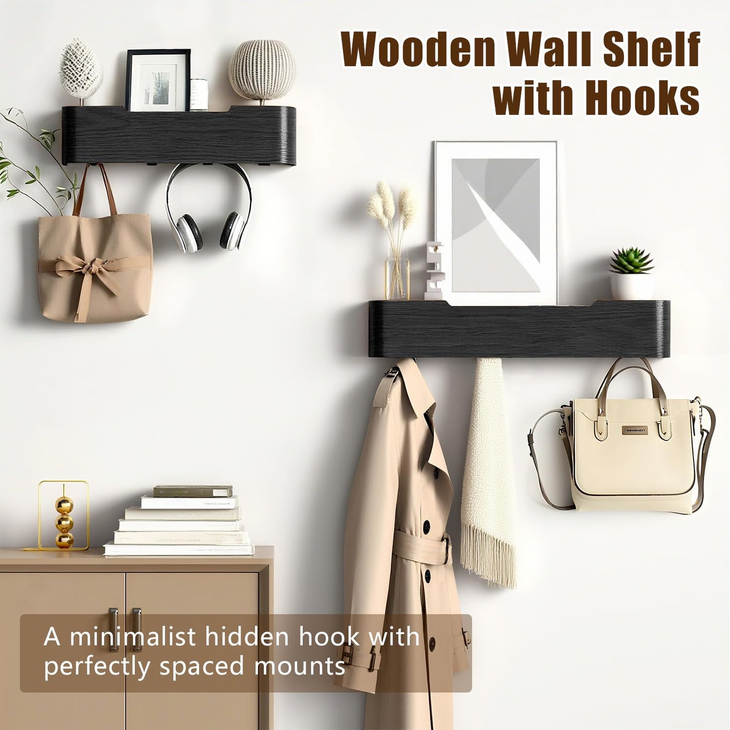 Nevsokio Coat Rack Wall Mount with Hidden Hooks, Wall Hooks with Shelf, Wall Key Holder Mount Wooden Shelf Entryway Hooks for Bedroom Bathroom for Hanging Coats Hats Bags Towels (Black, 5 Hooks)
