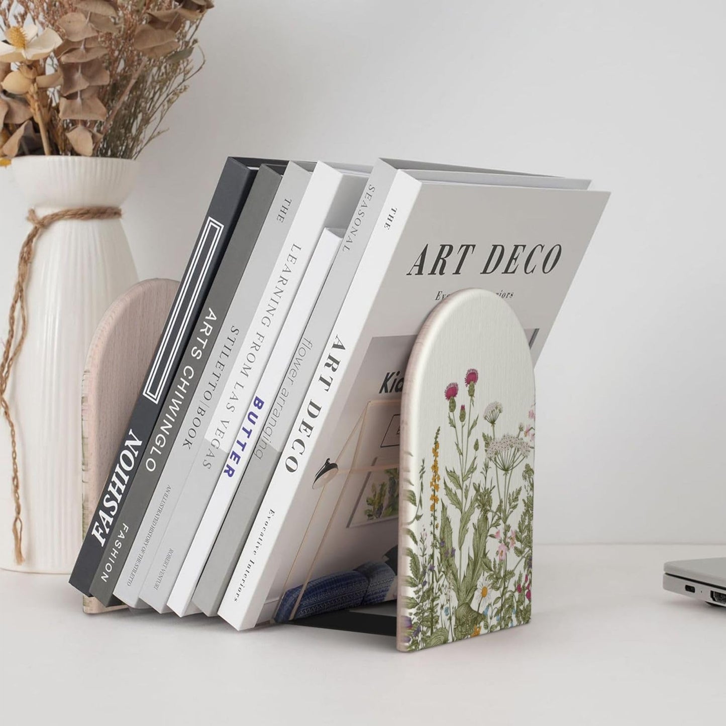 HOYYU Wild Flower Herbs Bookends Decorative Antique Floral Book Ends for Shelves Heavy Books Holder Organizer Non-Slip Desk Book End for Kids Room Office School Kitchen Home Desktop Decor 1 Pairs