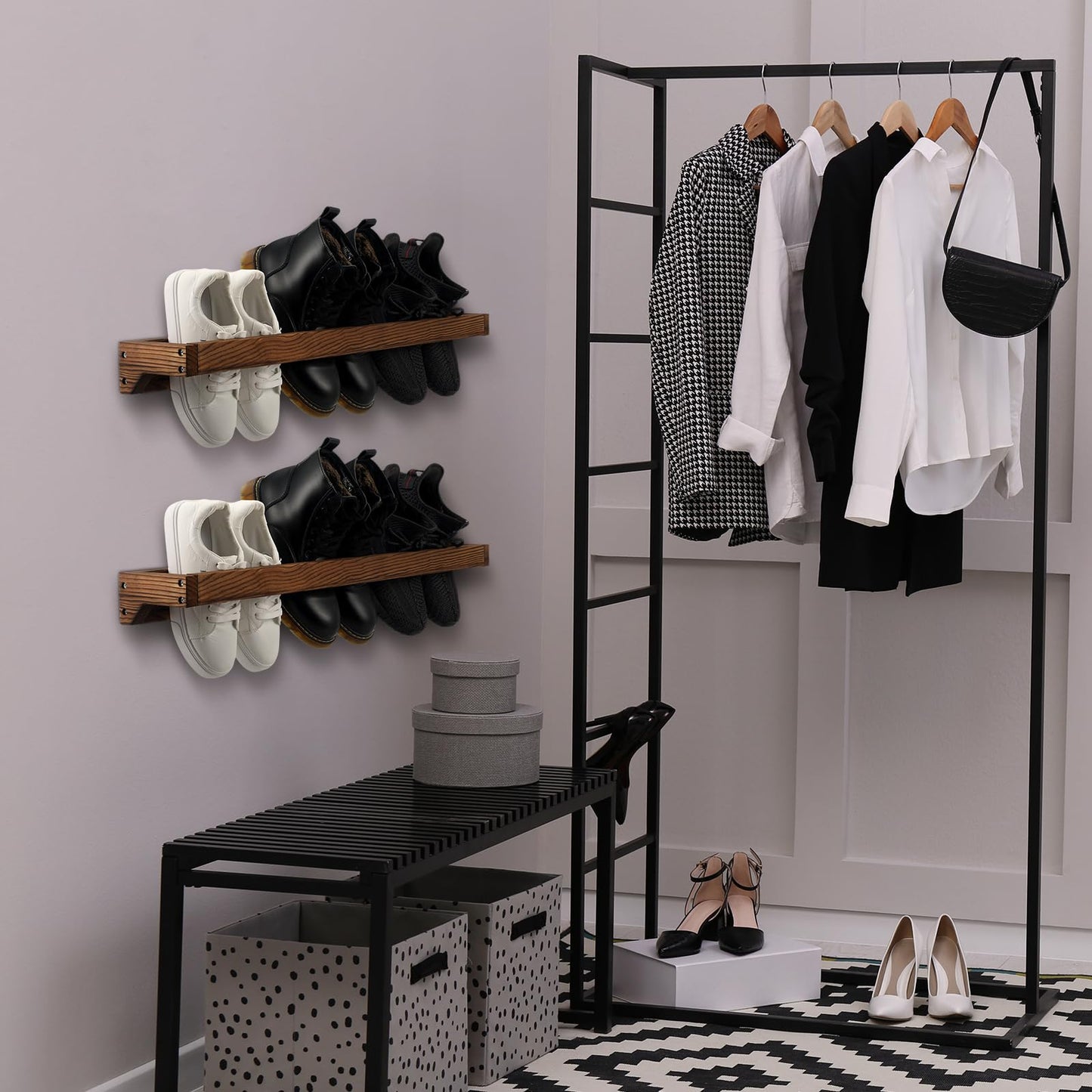 Wenqik 4 Pcs Wall Mounted Wooden Shoe Rack 30 Inch Rustic Wood Wall Hanging Shoe Rack Space Saving Footwear Holder Shoes Storage Organizer for Mudroom, Entryway, Closet (Burnt Wood)