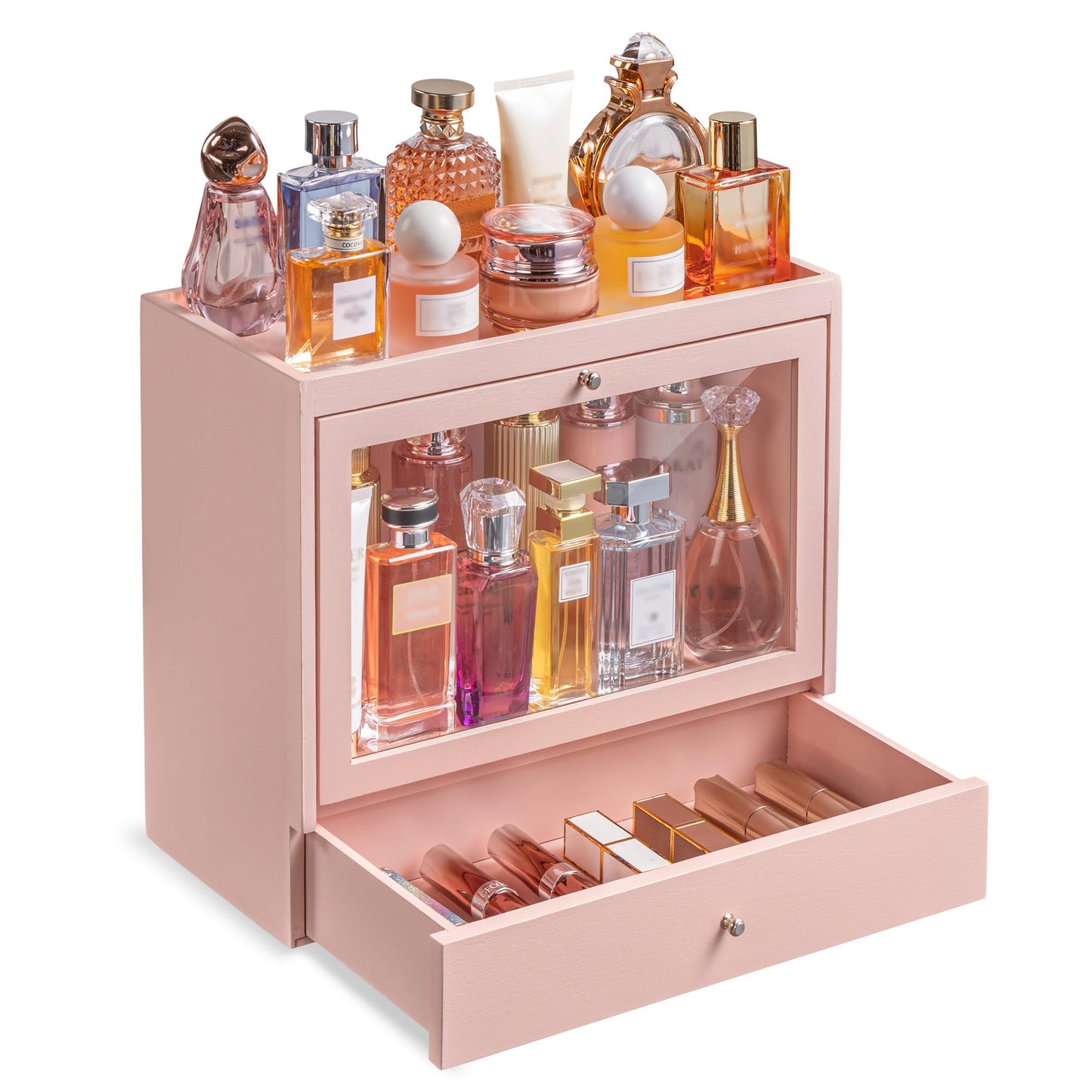 Emfogo Perfume Organizer for Women, Wooden Skincare Organizer with Drawer, Large Makeup Storage Organizer for Vanity Dresser, Pink Makeup Organizer, Gifts for Women