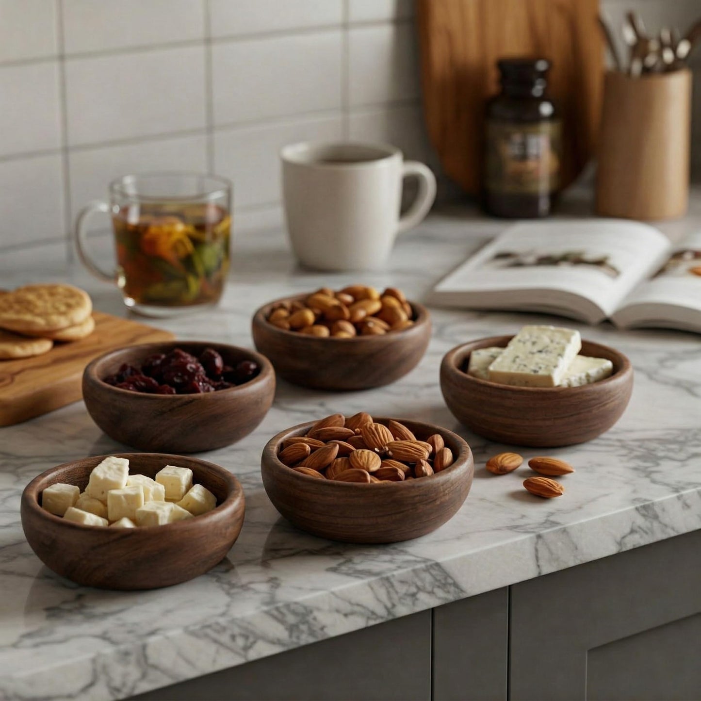 RIANGI Wooden Bowls Set Of 6 Small Acacia Wood Bowl Dessert And Snack Cups 4.2 X 2 Inch 8 Oz Capacity Rustic Mini Wooden Bowl For Dips Condiments Ice Cream Nuts