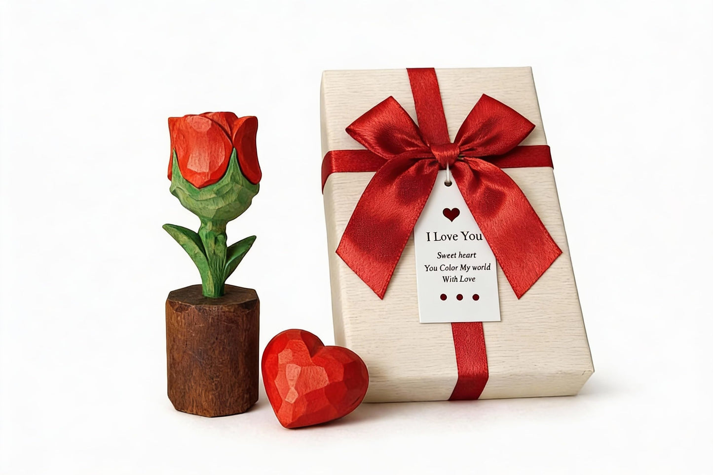 WOODEN ISLANDS Hand-Carved Wooden Flower with Red Heart - Handcrafted Everlasting Wood Sculpture - 5th Anniversary, Valentine's Day, Birthday Gift for Her - Gift Box Included (Red Rose)