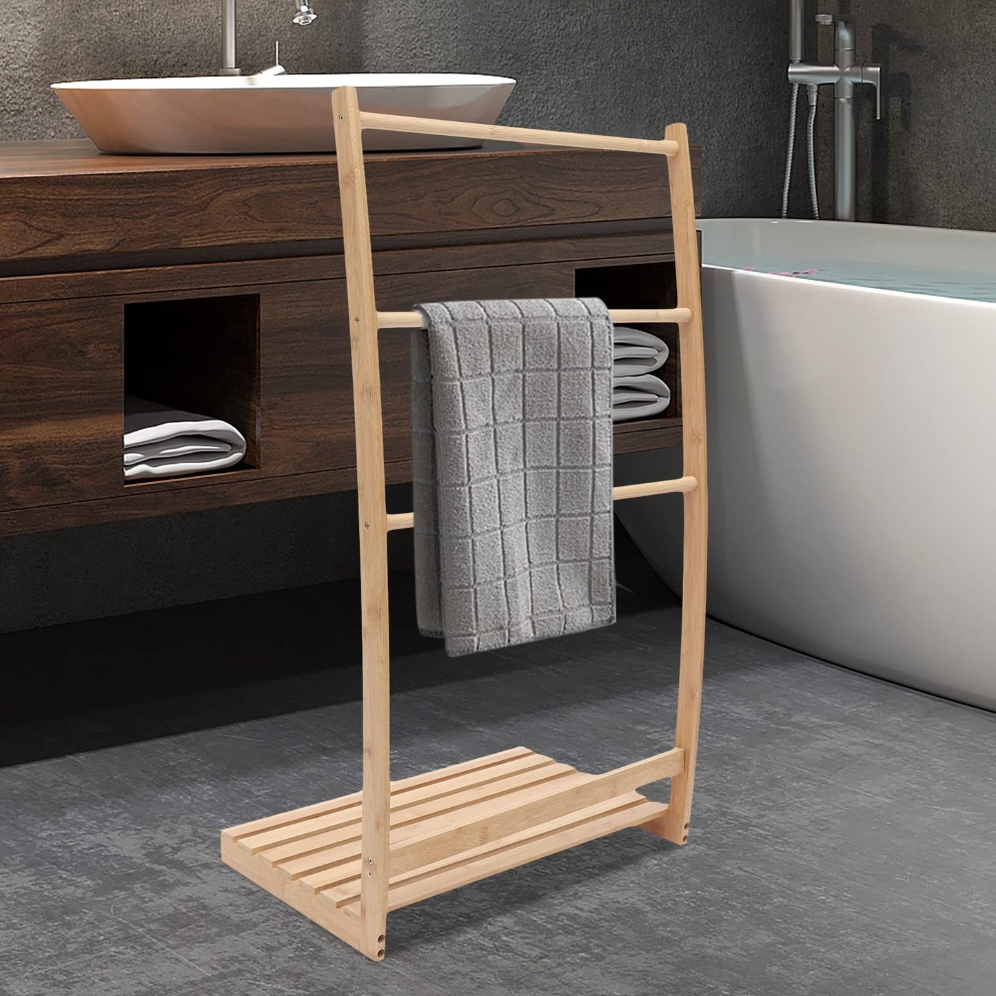 3 Tier Bamboo Towel Rack, Free-Standing Ladder Shelf with Bottom Storage Shelf, Quilt Blanket Rack Stand,Towel Ladder Storage Organizer Holder for Bathroom Home Hotel