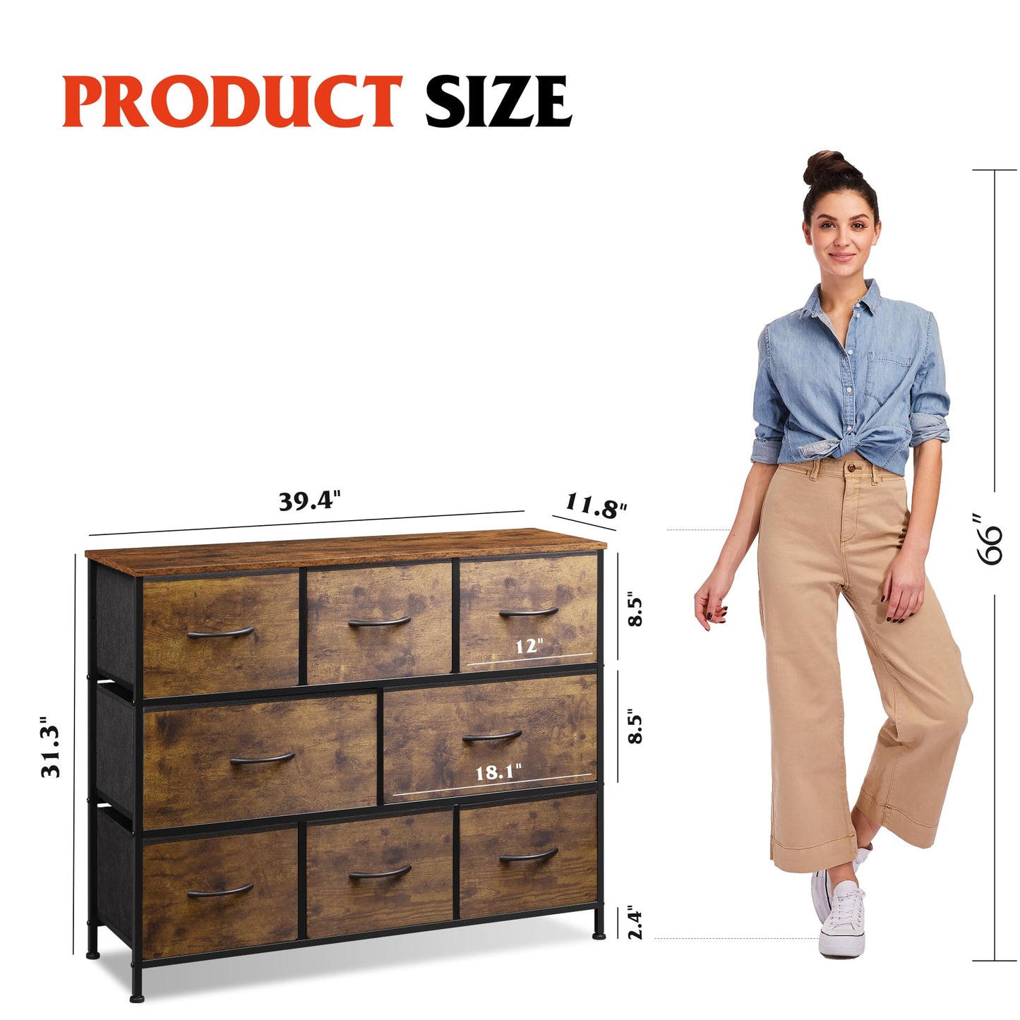 WLIVE 8 Drawer Dresser for Bedroom, Fabric Dresser with Large Storage Drawer Unit for Entryway, Chest of Drawers for Living Room, Rustic Brown