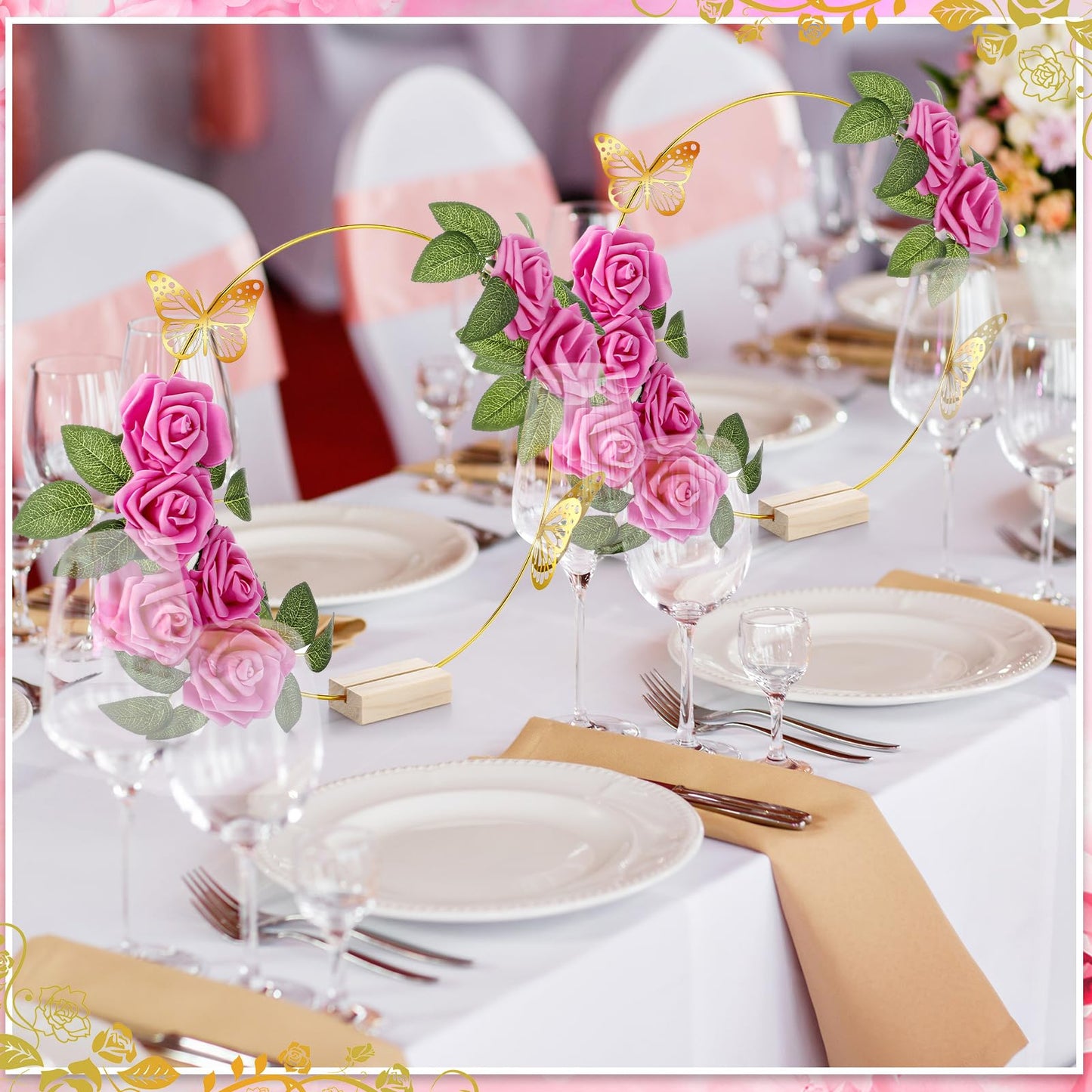 Suncalla 6 Pack Floral Hoop Centerpieces Table Decorations Kit Include 6 Metal Wreath Ring with 6 Wood Base 50 Rose Flower 12 Faux Butterfly for DIY Home Wedding Table Decor (Gold Hoop, Fuchsia Rose)