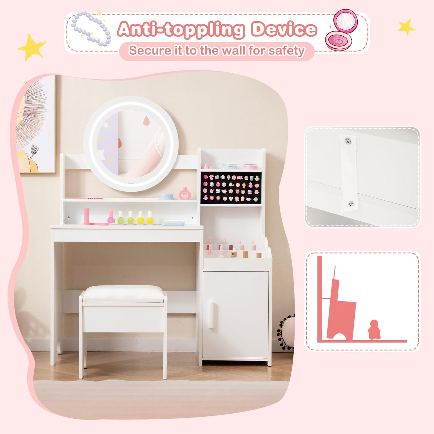 INFANS Kids Vanity with Lights, Princess Makeup Desk with Mirror Storage Shelves, Toddler Table and Chair Set Pretend Play for Girls Aged 4-9 (Cream White)