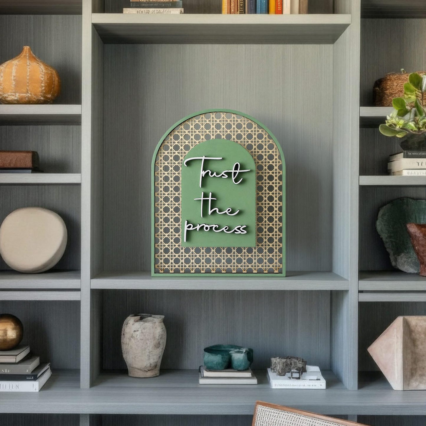Honoson Boho Shelf Decor Trust The Process Wooden Standing Sign Inspirational Hollow Arched Table Decoration Sage Green Natural Wood Tabletop Decoration for Home Office Bedroom Living Room Shelf Decor