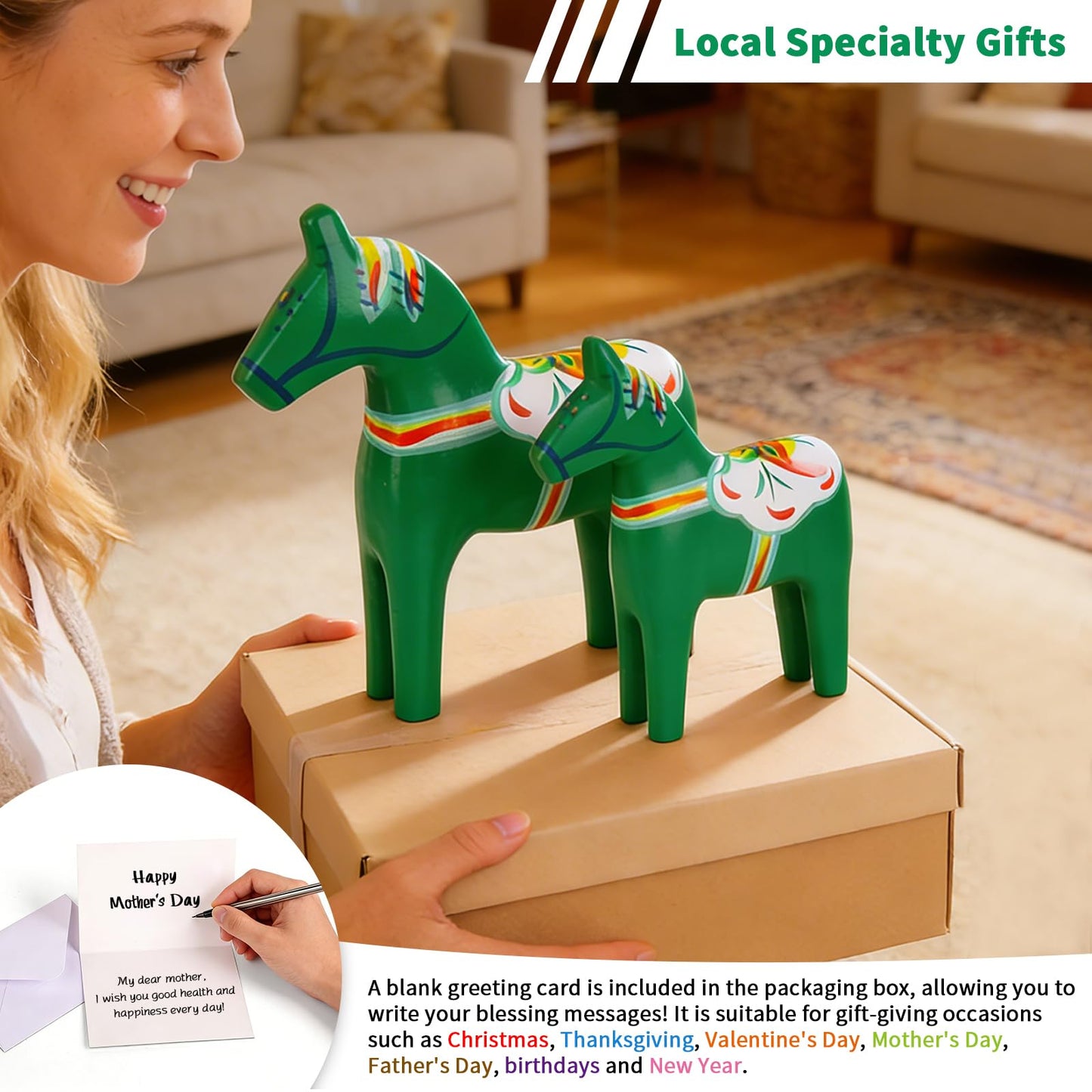 GUMQDD Set of 2 Hand Painted Swedish Wooden Dala Horse Figurines 9.4"/6.3", Dala Horse Gifts, Suitable for Family Living Room & Home Decoration (Green)