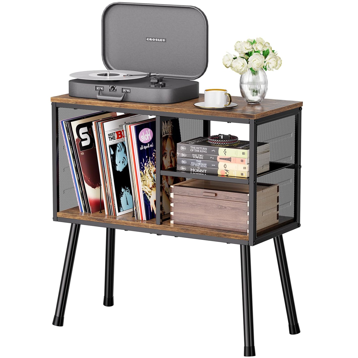 Simple Trending Record Player Stand, Vinyl Storage Holder with Adjustable Shelves, Large Turntable Stand Holds up to 150+ Albums for Living Room, Bedroom, Rustic Brown