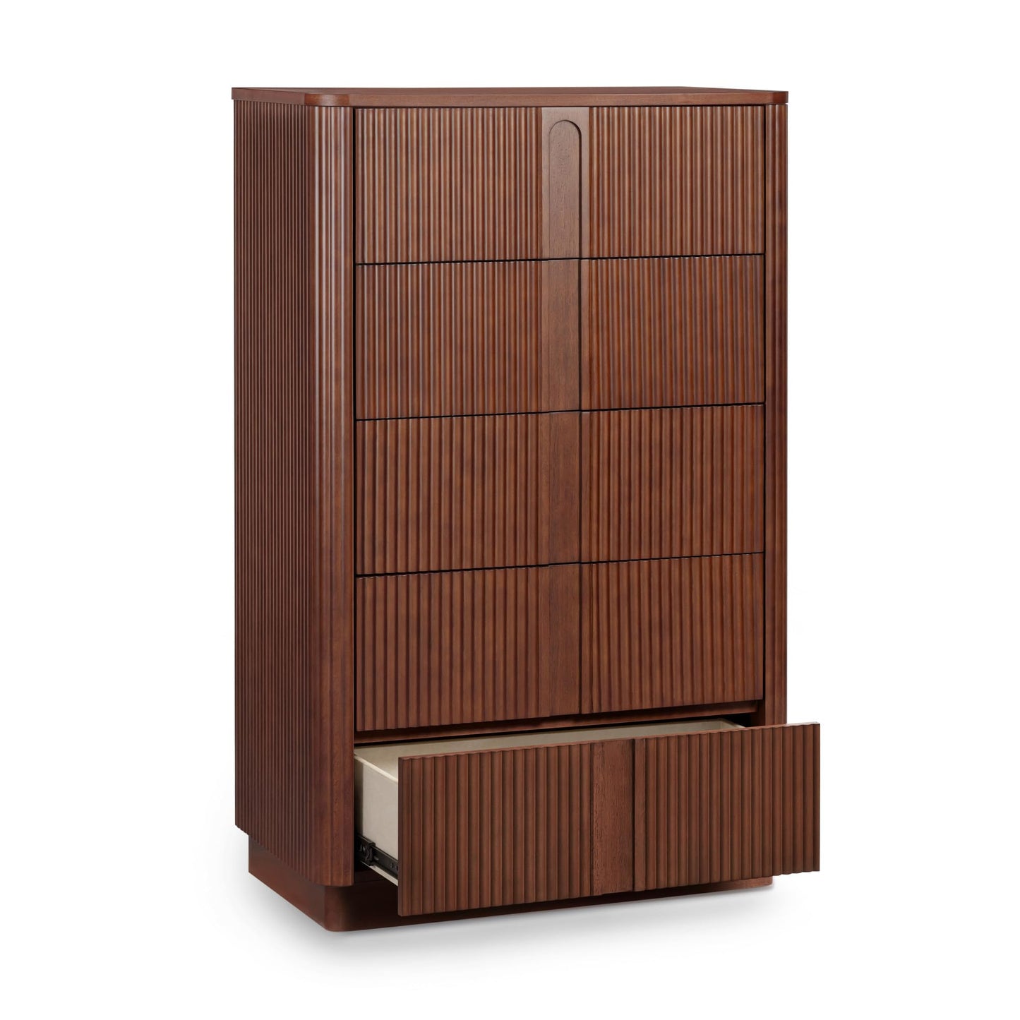 Teamson Home 30'' W Large Storage 5-Drawer Dresser Push to Open Modern Scandinavian with Rounded Edges and Reeding Pattern Bedroom Furniture Clothing Chest in Warm Walnut Finish