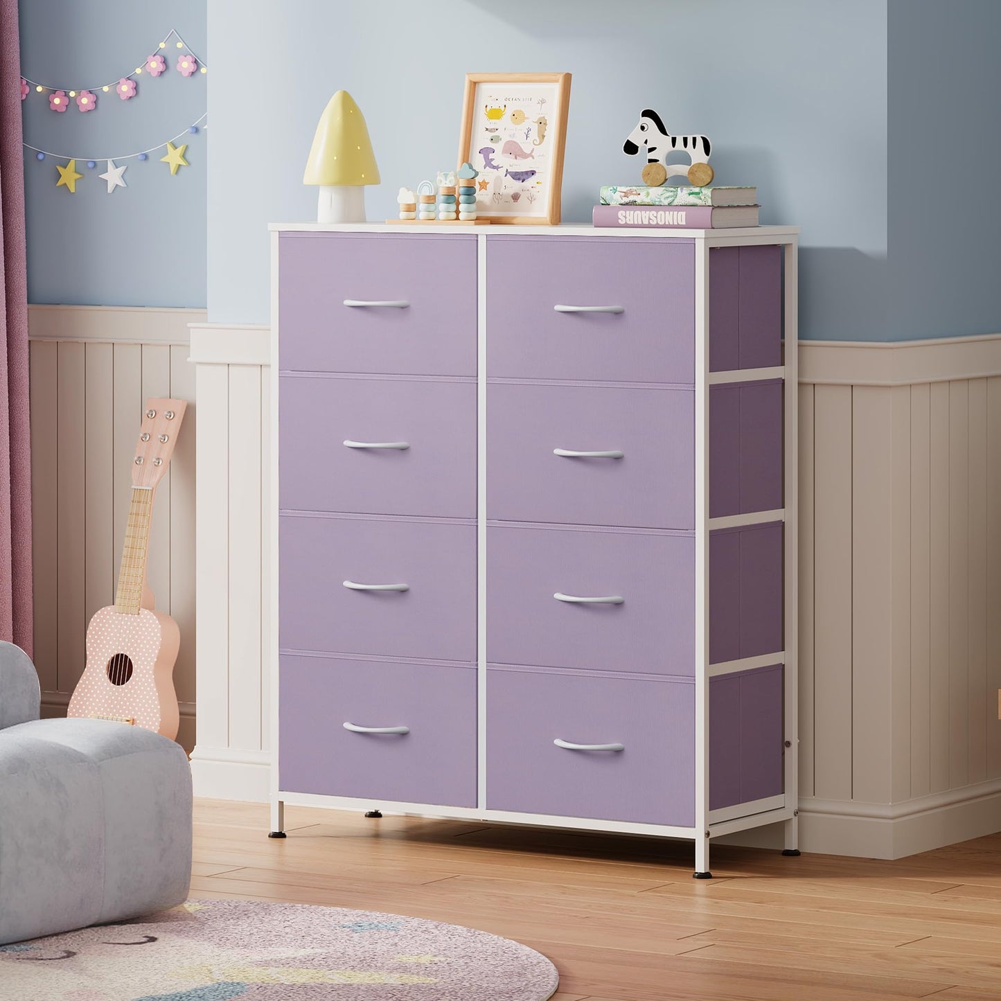 WLIVE Fabric Dresser for Bedroom, Tall Dresser with 8 Drawers, Storage Tower with Fabric Bins, Double Dresser, Chest of Drawers for Closet, Playroom, Dormitory, Purple
