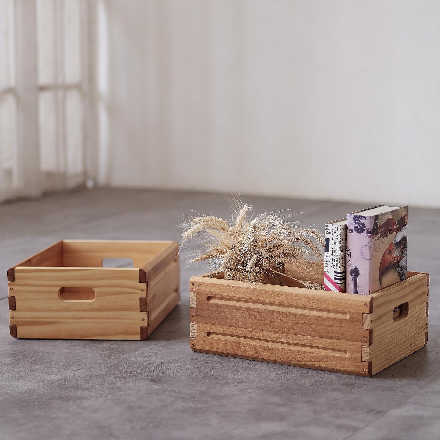 KLZLQ-XINCHEN 2 Pack Wooden Storage Bins of 16"x12"x6.25".Durable Open Solid Wood Box w/ Handles.Farmhouse Container Shelf Baskets. Multipurpose Home Décor Organizer Crates for Display,Pantry,Book,CD