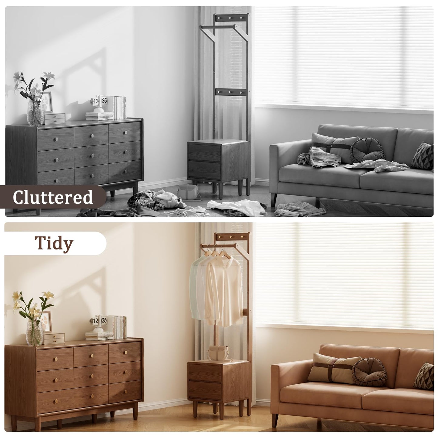 Solid Wood Coat Rack Freestanding,Standing Coat Rack with 2 drawers,Clothing Racks for Hanging Clothes,Narrow Hall Tree with Storage,Walnut Nightstand with 6 Coat Hooks for Bedroom Entryway Corner