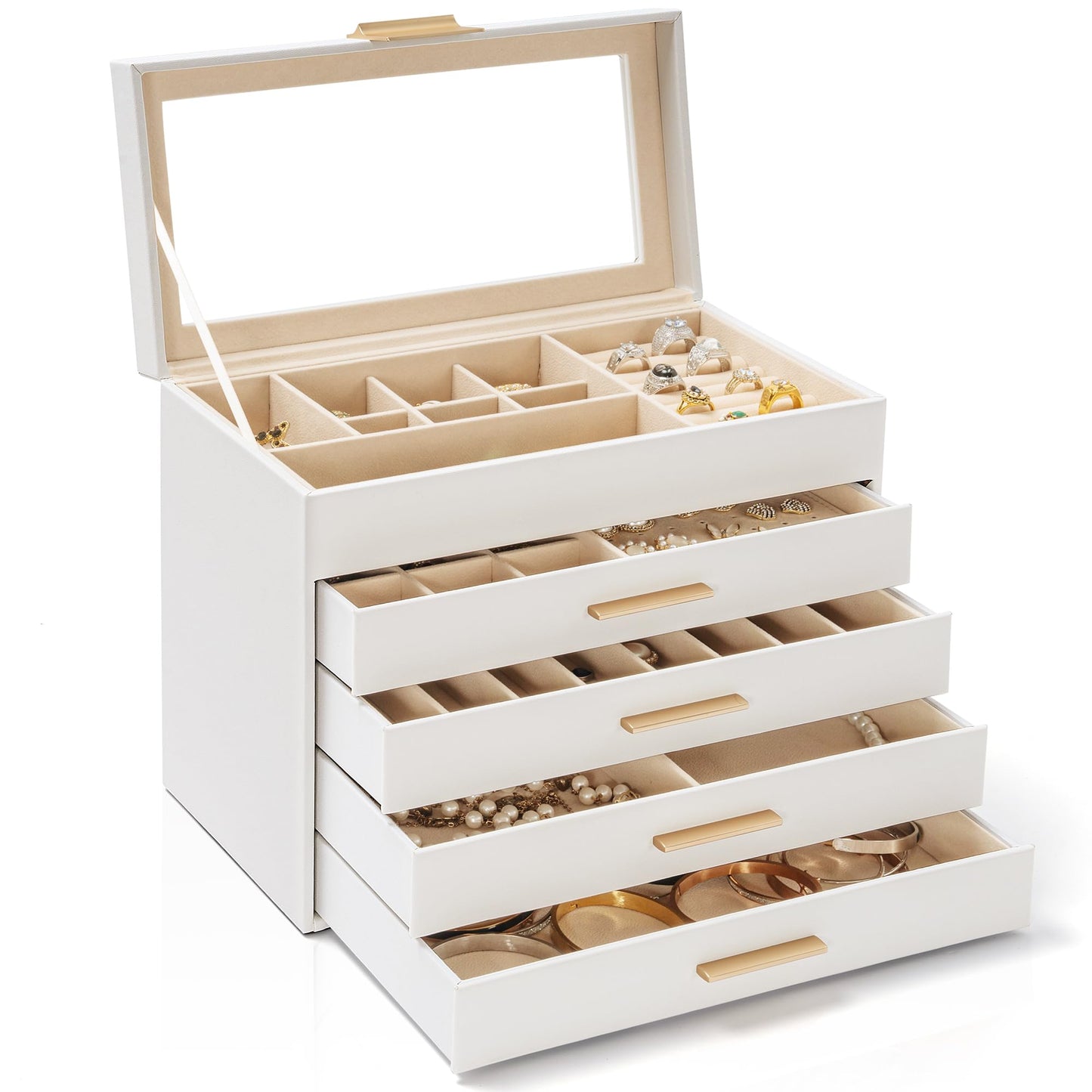 AKOZLIN 5-Tier Jewelry Box with Clear Glass Lid Functional Leather Jewelry Storage Organizer Case 4 Drawers for Women Girls Necklace Ring Bracelet Earring