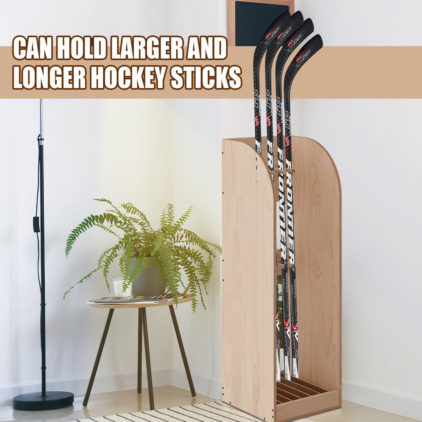 Cinnvoice 38 Inch Vertical Hockey Stick Rack Wooden Hold 7 Hockey Sticks Holder Stand Organizer for Players Display Home Garage Storage(Walnut)