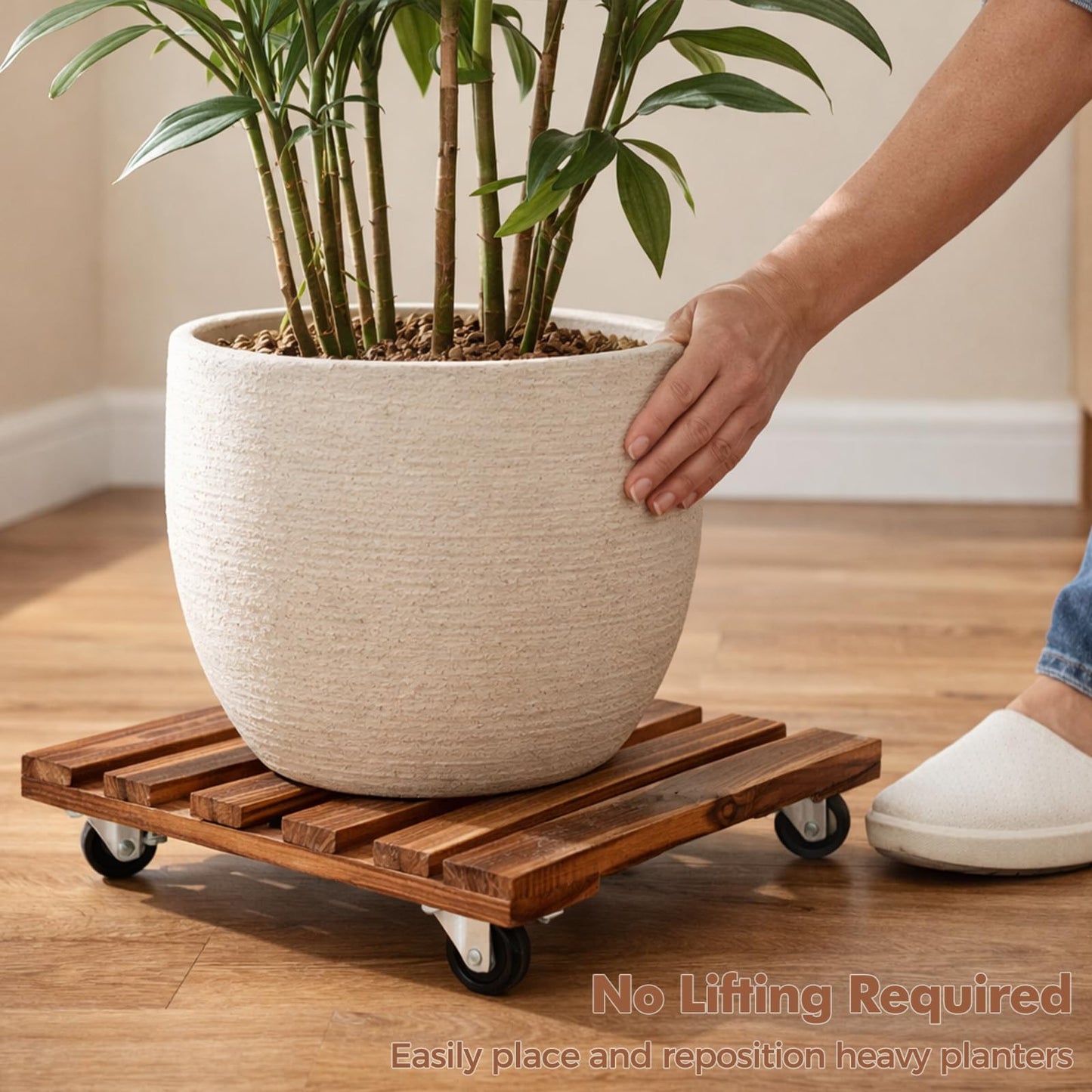 13.5 Inch Plant Caddy with Wheels, 4 Pack Rolling Plant Stand Rollers with Casters Wooden Plant Dolly with Wheels Heavy Duty Rolling Planter Base for Indoor & Outdoor Plants Square Wood Flower Stand