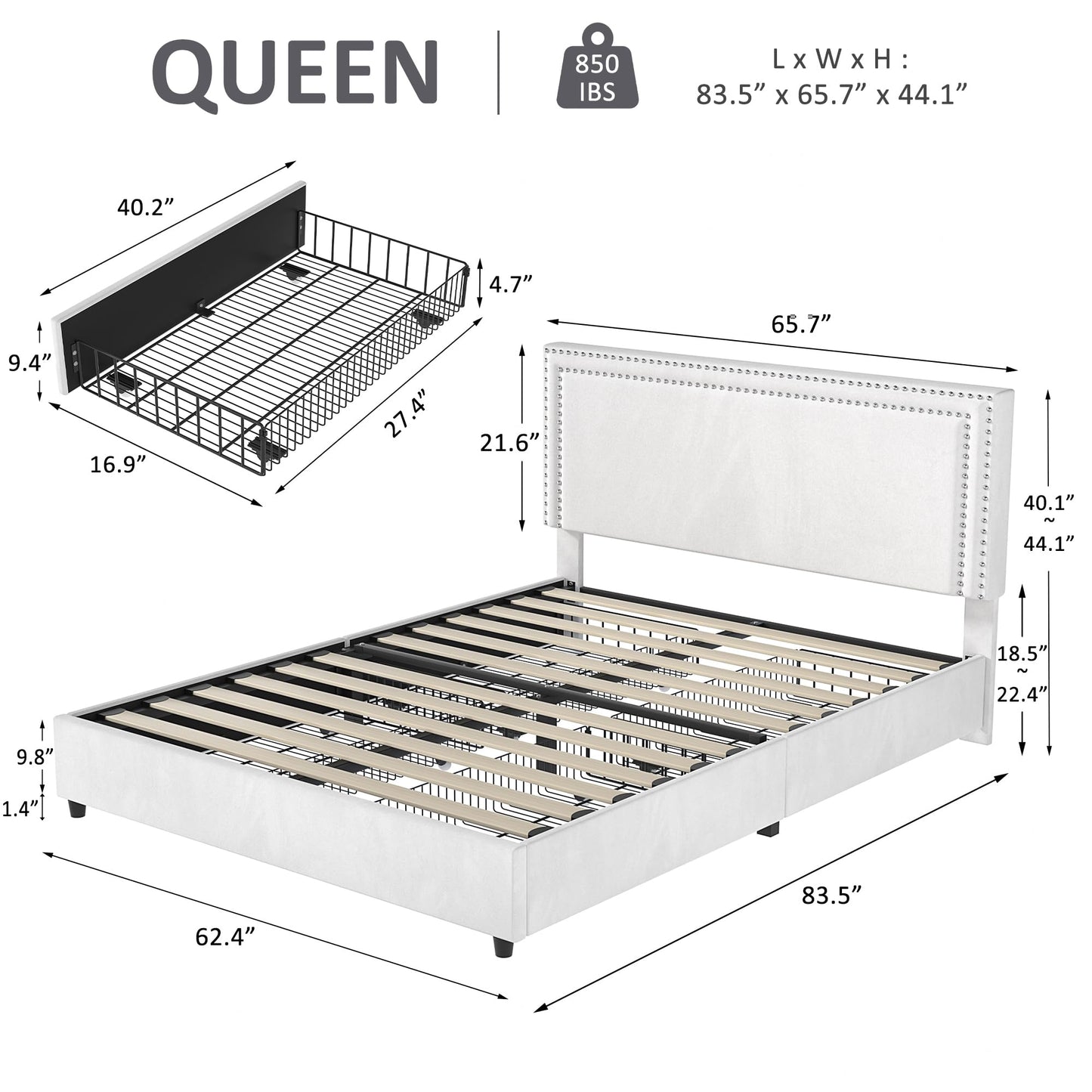 VECELO Queen Size Upholstered Platform Bed Frame with 4 Storage Drawers, Adjustable Velvet Rivets Headboard, Wooden Slats Support, No Box Spring Needed, Easy Assembly