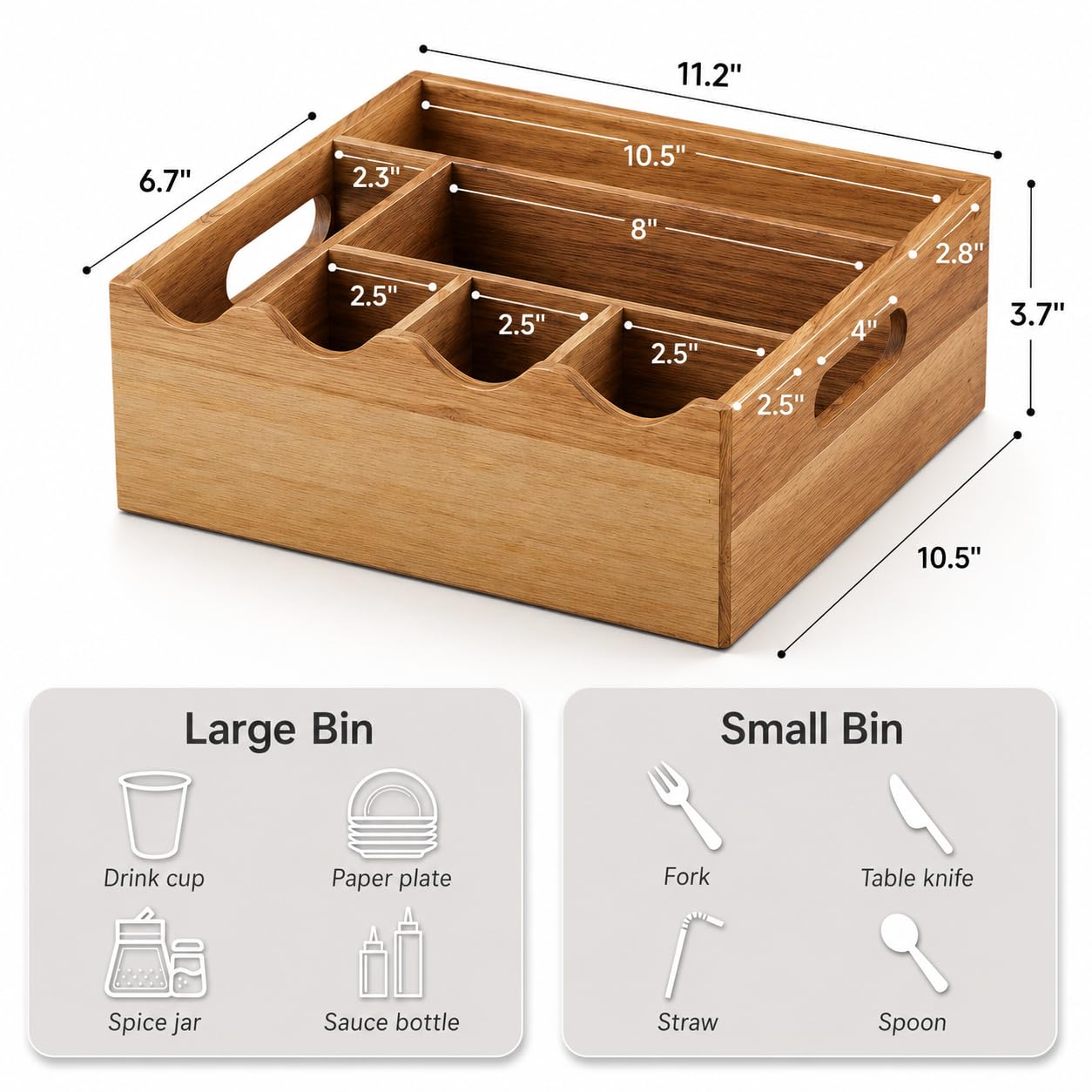 Utensil Holder & Silverware Organizer, Acacia Wood Kitchen Utensil Caddy for Countertop, 6 Compartment Paper Plate Holders & Dispenser, Wooden Cutlery Holder with Handle for Party, Natural Acacia