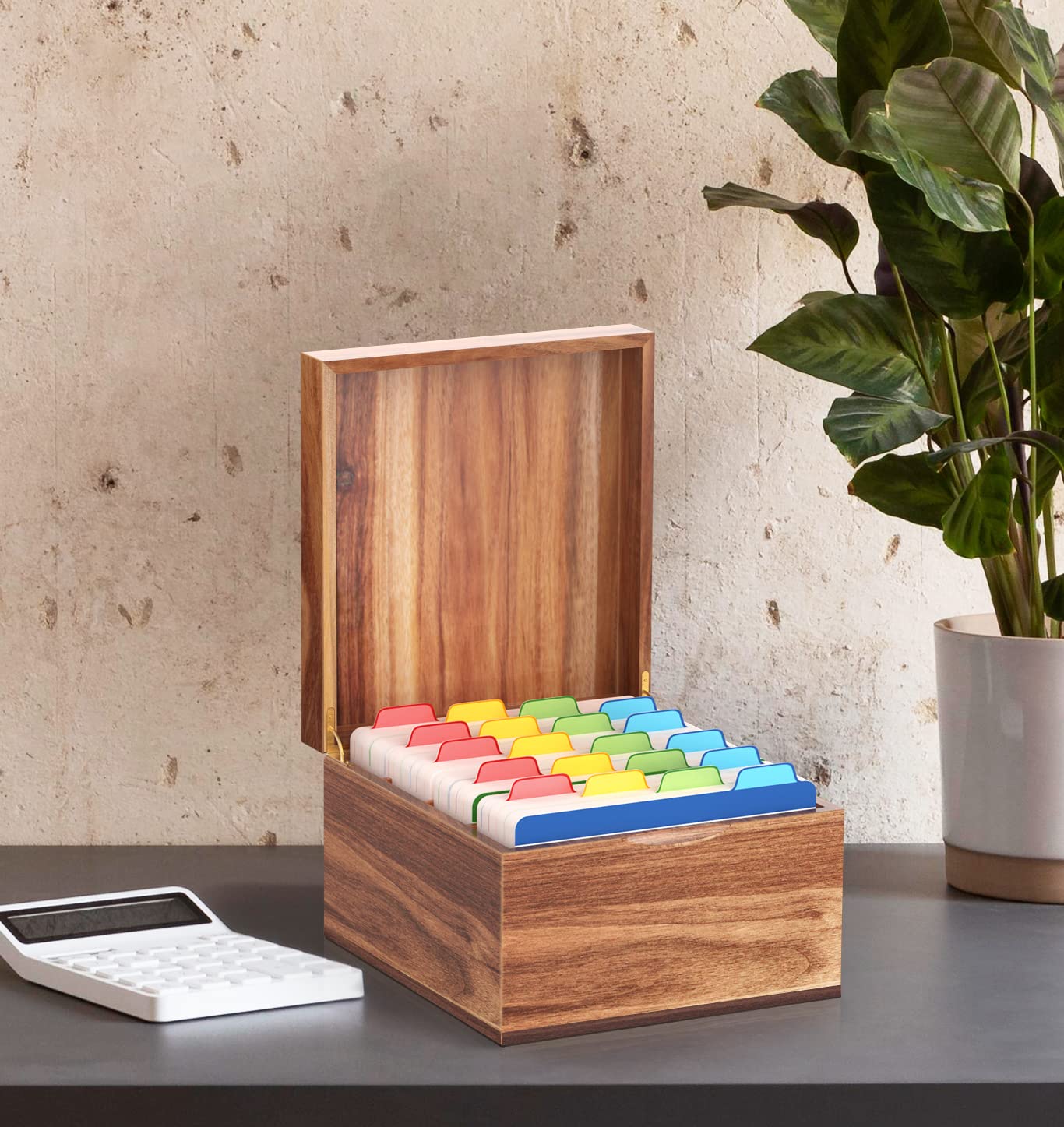 Neando 5x8 Index Card Organizer with Lid β Extra Large Acacia Wood Storage Box with 4 Compartments, 20 Blank Tabs, Holds 600 Cards β File Box for Recipes, Projects, School Notes & Office Organization