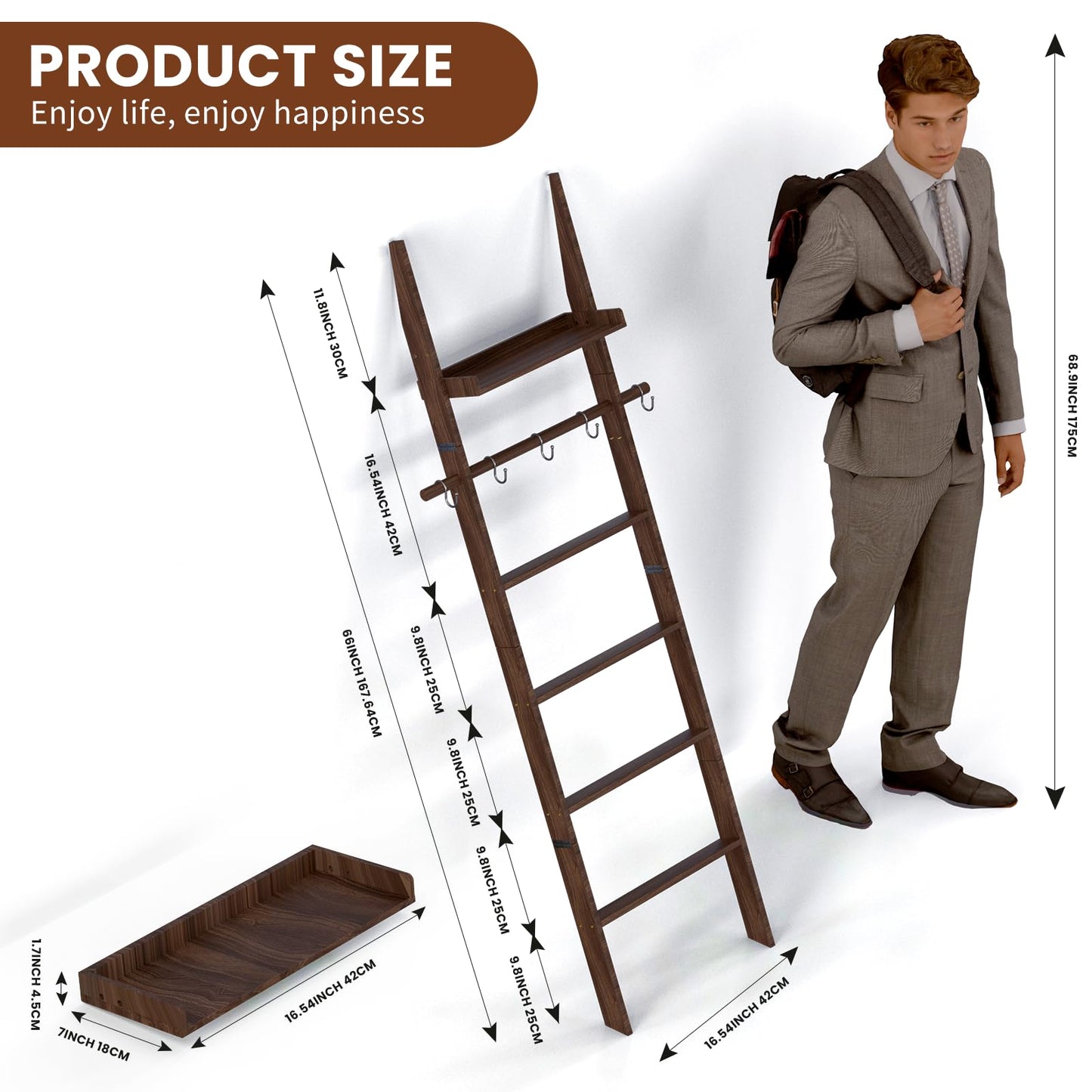 Chilinii Farmhouse Wooden Blanket Ladder with Shelf,6-Tier Rustic Quilt Towel Rack Decorative Holder Wall Leaning Storage with Removable Hooks for Home Living Room Bedroom Decor Brown
