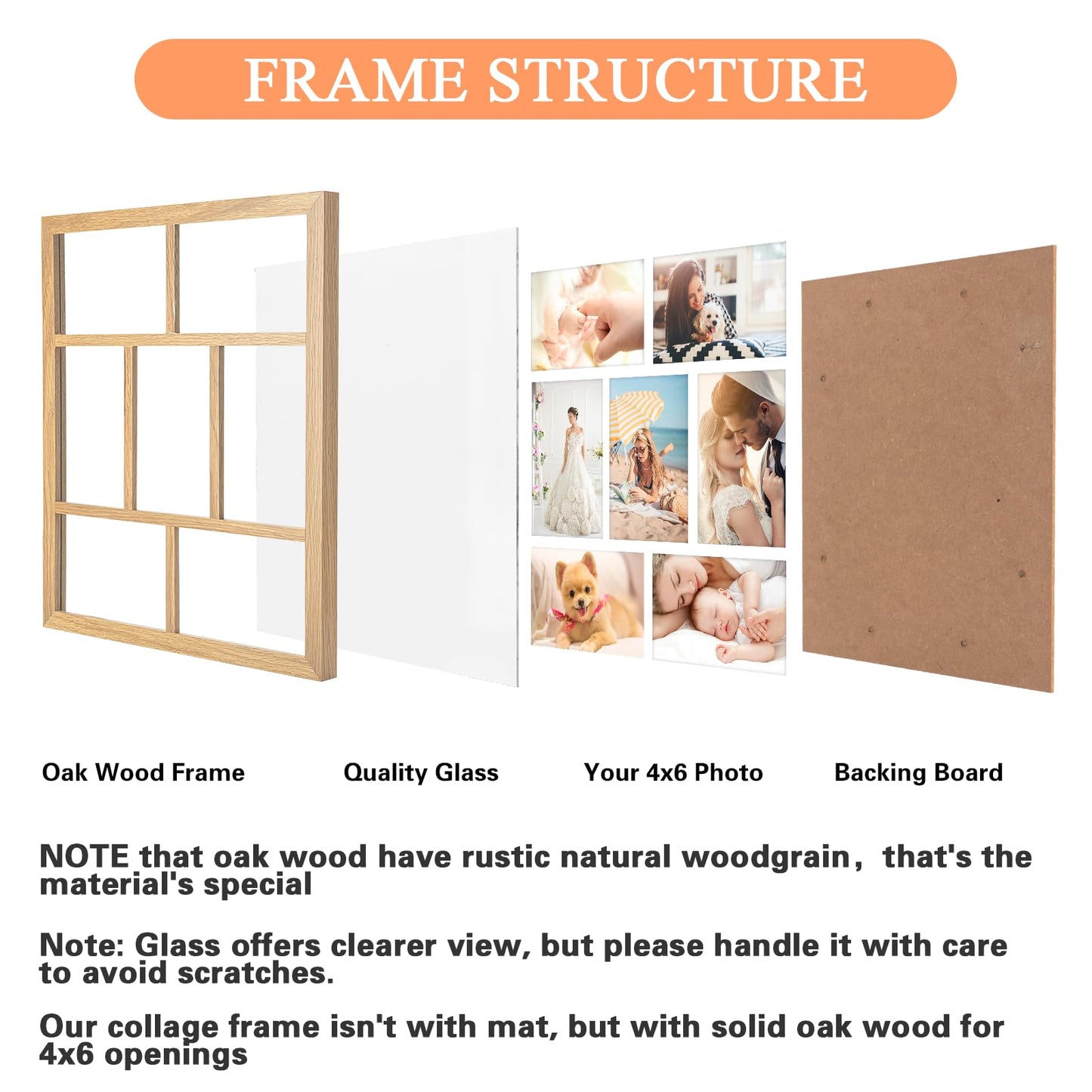 MOUDAMION 4x6 Oak Wood Picture Frames Collage Wall Decor Natural Woodgrain, Solid Oak Wooden Family Photo Collage Frame 7 Openings, Glass Front, Wall Hanging Display 7 4x6 Pictures