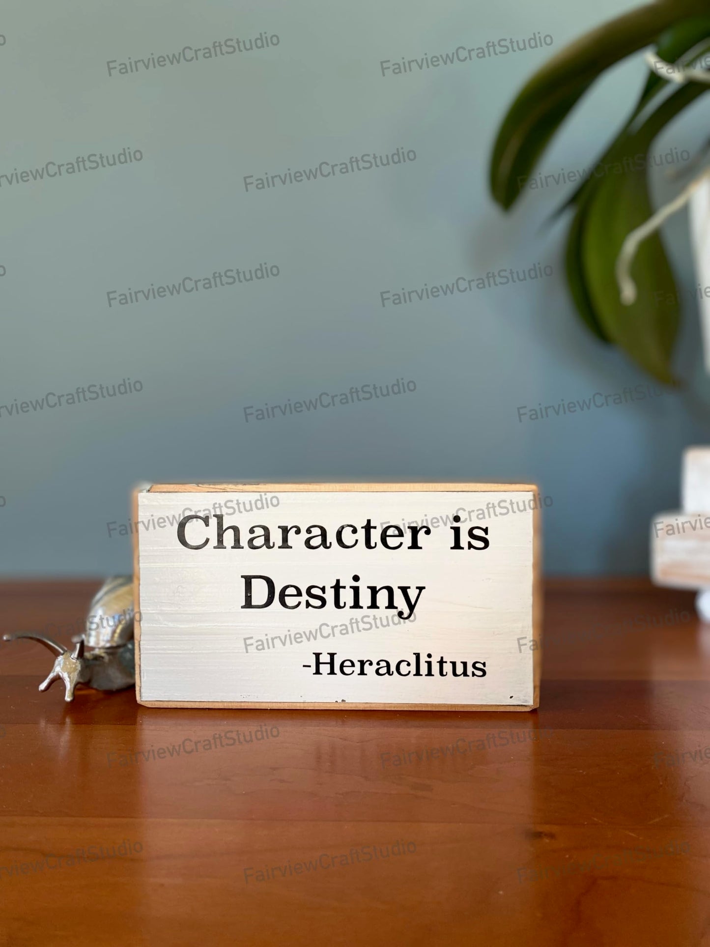 Character is Destin. Heraclitus. Office desk wood sign. Wooden shelf sitter. Cubicle quotes. Gifts with quotes. Small sign
