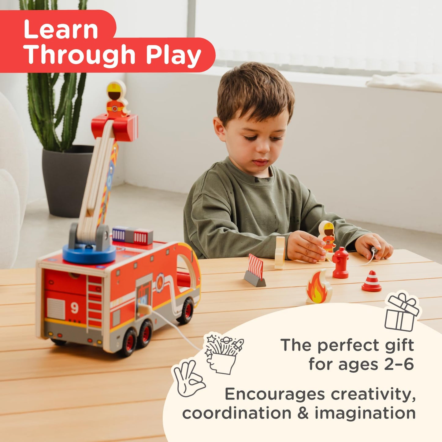 Nene Toys Wooden Fire Truck Toy Set β FSC Fire Engine with Rotating Ladder, Magnetic Hose, Hydrant, 3 Firefighters, Dalmatian & Accessories β Durable Wood Truck Toy for Kids 2+