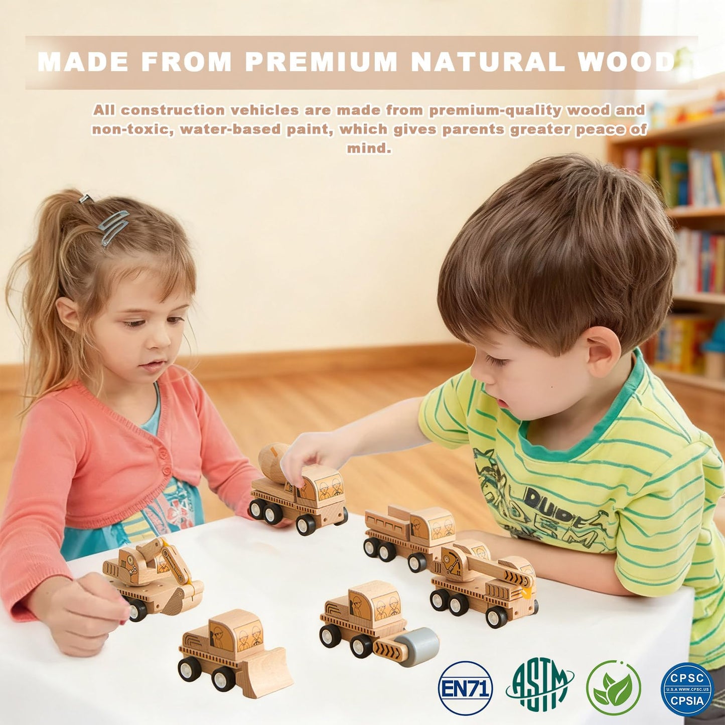 Udeas 6-Piece Wooden Construction Vehicle Toys Set with Bulldozer, Excavator, Crane, Dump Truck โ Montessori Toddler Toys Ages 2-4, All-Natural Safe Push & Go Gift for Boys & Girls