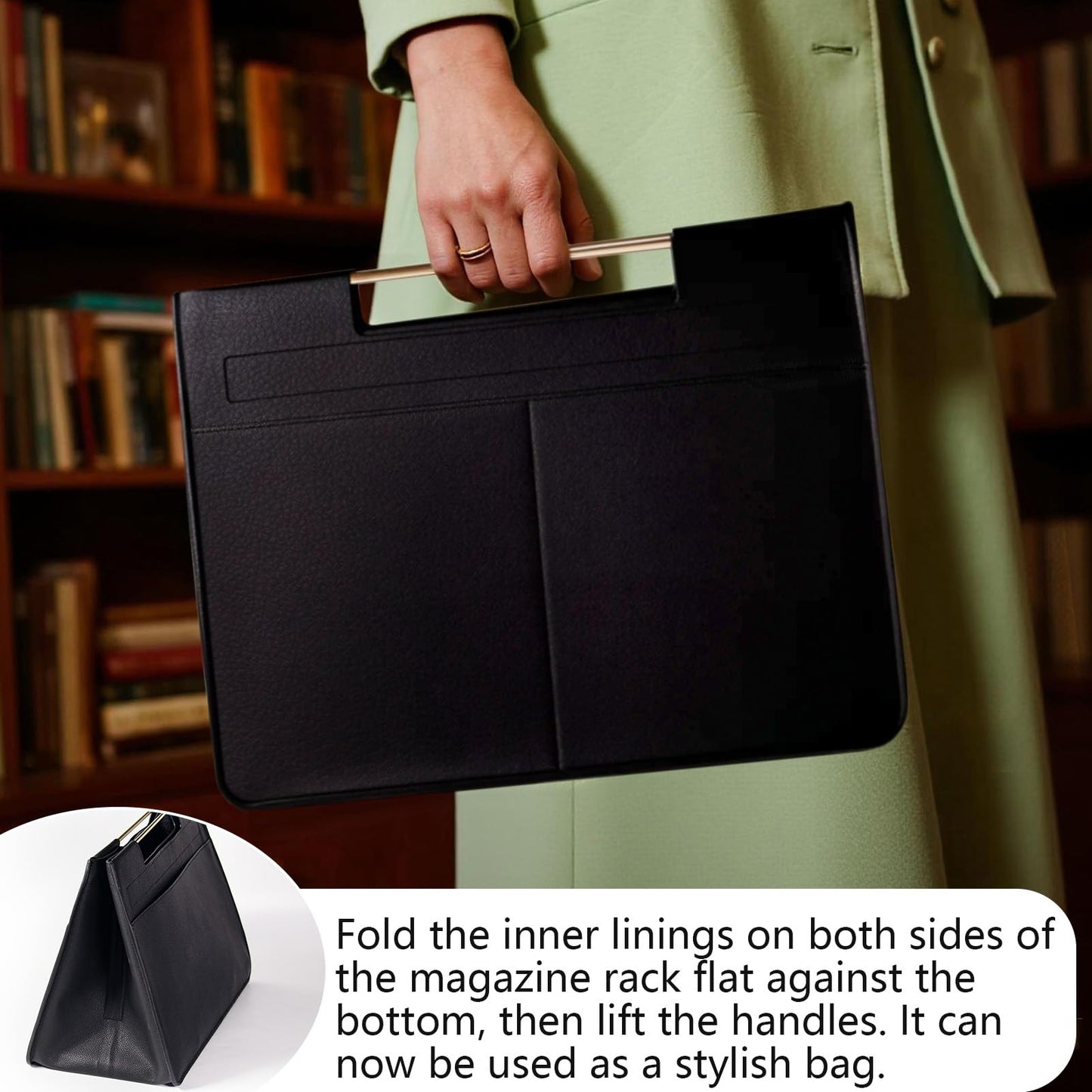 Craftmastudio Leather Magazine Holder Foldable with Handles,Stable Magazine Rack Floor,Magazine Basket File Holder Storage,Document File Folder Organizer Free Standing for Office Living Room (black)