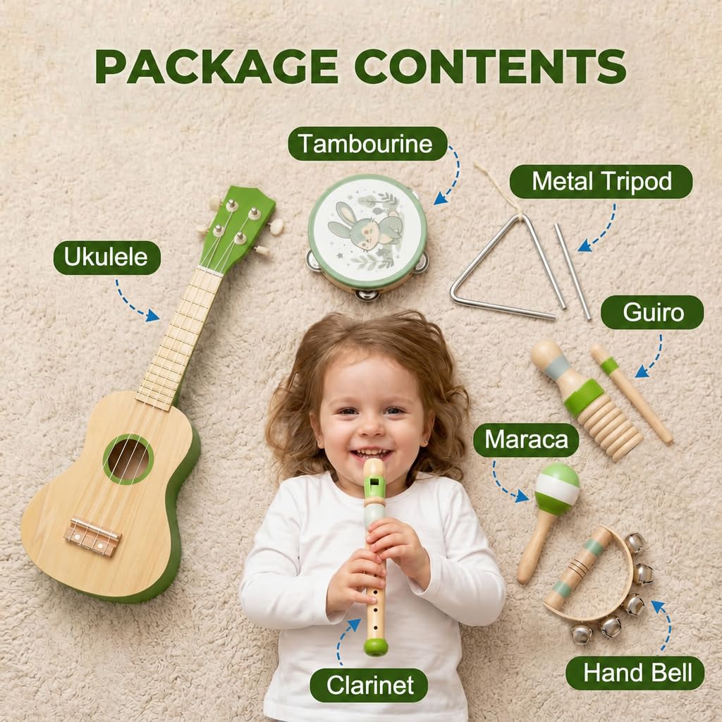 Raimy Kids Guitar Set, 7 in 1 Wooden Musical Instruments for Toddlers 3+ Montessori Music Toys Set with Ukulele/Tambourine/Hand Bell/Clarinet/Guiro/Maraca for Boys Girls Birthday Gift (Green)