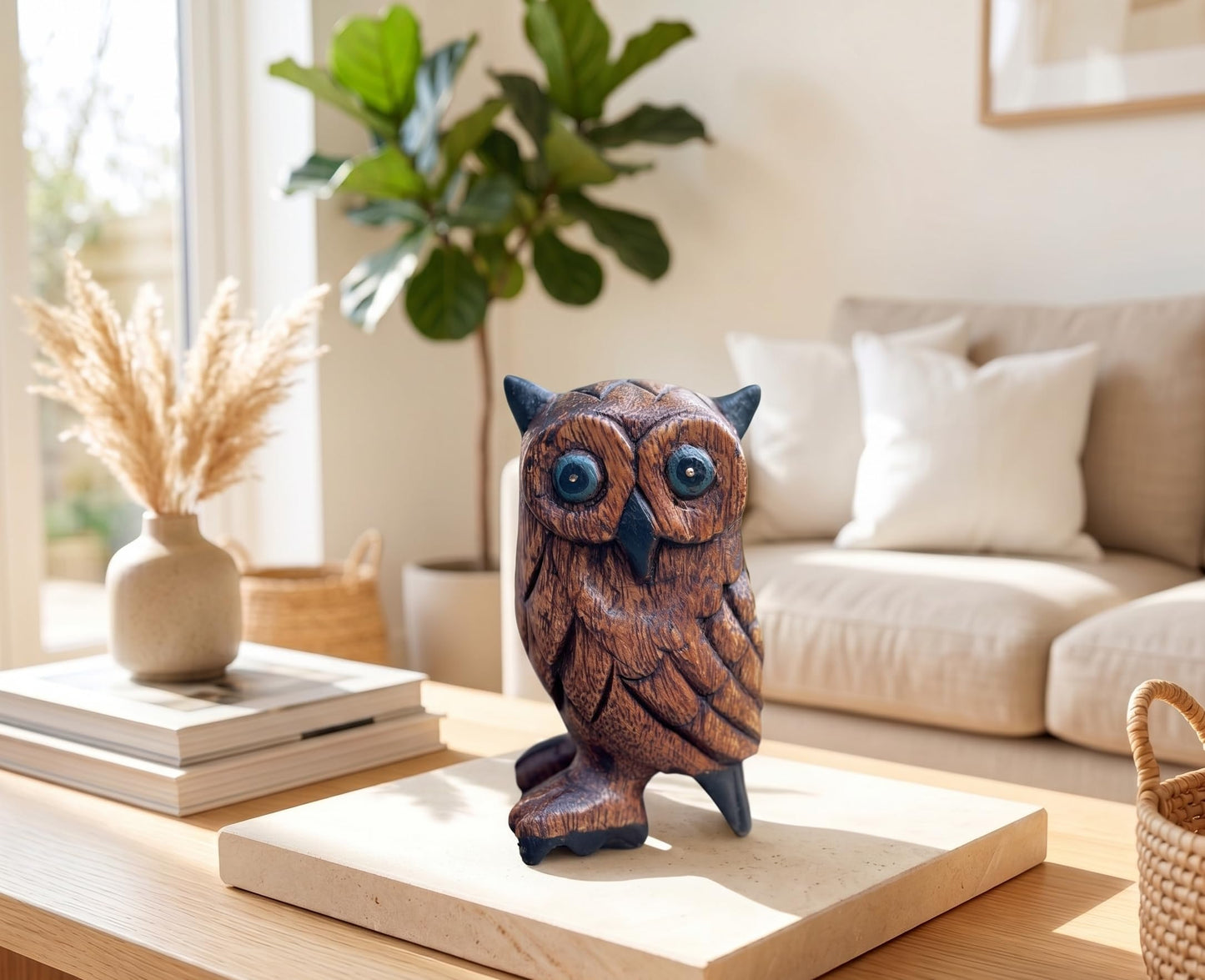 Land of Simple Treasures Hand Carved Owl Figurine - Wood Owl Sculpture - Whimsical Wooden Bird Animal Statue - Rustic Wise Barn Owl Decor - 5 Inch (Barn Owl - Right)