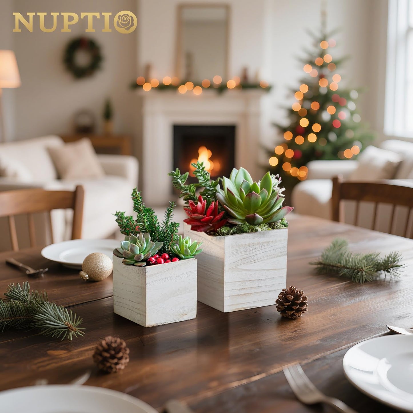 NUPTIO Wooden Box for Centerpiece Wedding: 12 Pcs Rustic Square Planter Box Farmhouse Table Fall Decor - 4×4" & 5×5" Whitewashed Small Wood Vases Flower Pots for Windowsill Home Garden