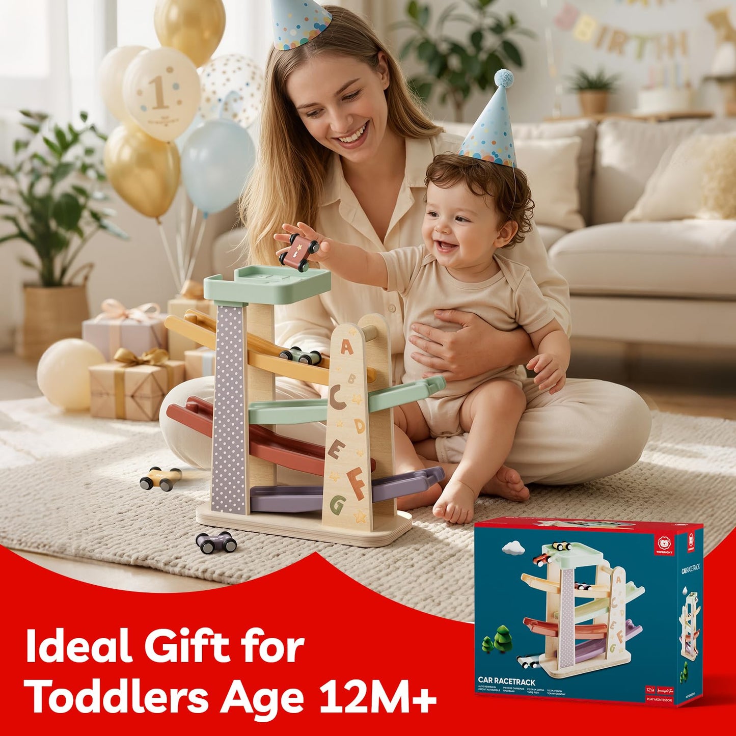 TOPBRIGHT Baby Toys for 1 Year Old Boy Gifts, Wooden Car Ramp Race Track Set, Car Toys for Toddlers with 4 Cars and a Garage, Montessori Toys for 1 Year Old Boy Girl, Birthday Gift for Age 12+ Month