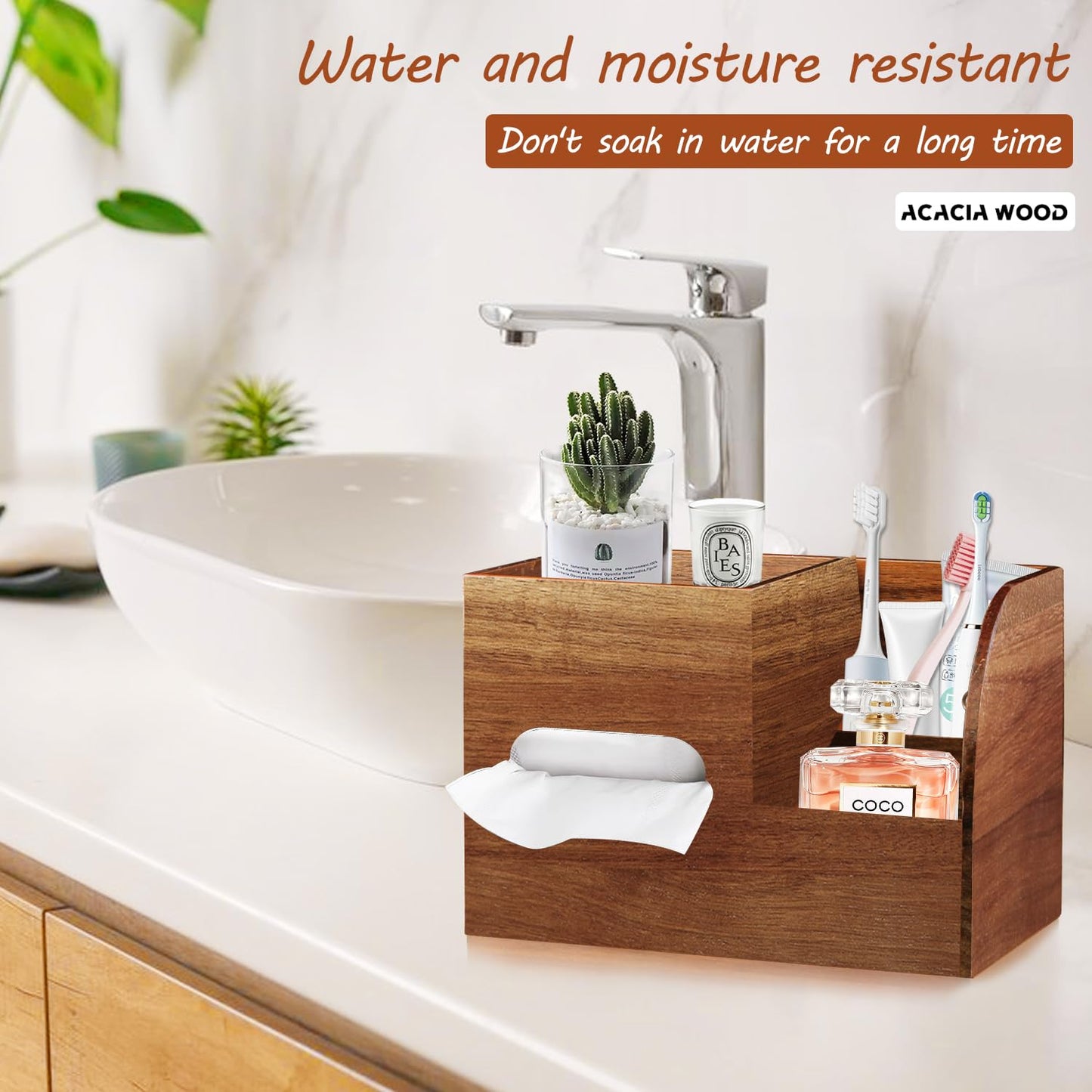 BIBELUN Wood Tissue Box Cover Square with Tray and Remote Holder, Multifunctional Tissues Cube Box Organizer/Shelf/Rack, Napkin Storage Box for Bathroom, Vanity, Nightstand, Office, Home Decor