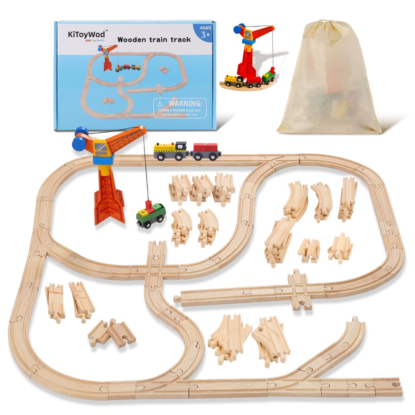 KiToyWod Wooden Train Track Set 62pcs, Wood Railway Systems Accessories Expansion Pack with Train + Crane, for 3-10 Years Toddlers Birthday Gift, Christmas Toys, Compatible with Major Brands (62 PCS)