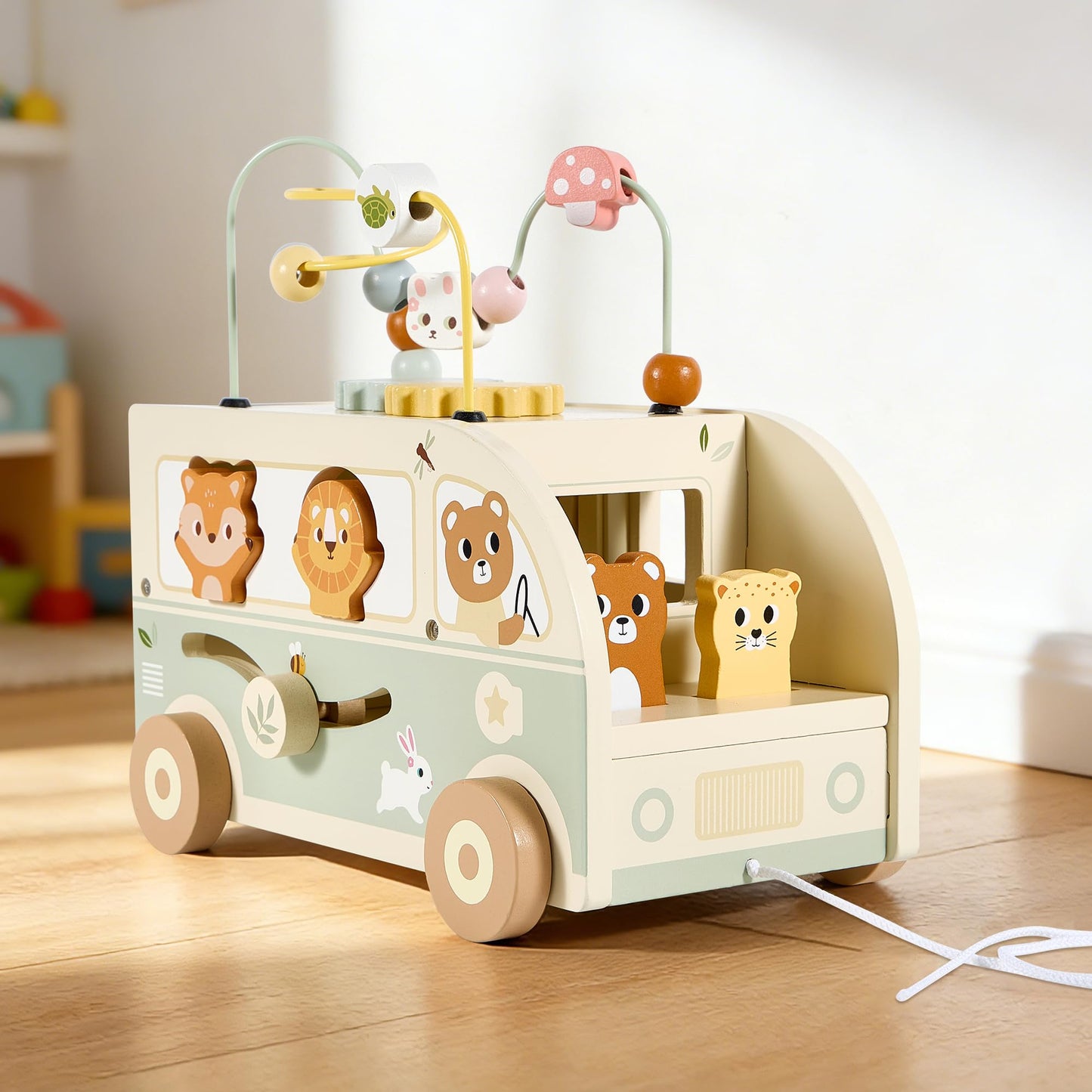 Pithfor Wooden Montessori Toys for 1 Year Old, Push & Pull Car Toys for Baby Toddlers 1 2 3 Year Old, 1st First Birthday Gift for Boys Girls, with Bobbling Driver & Bead Maze