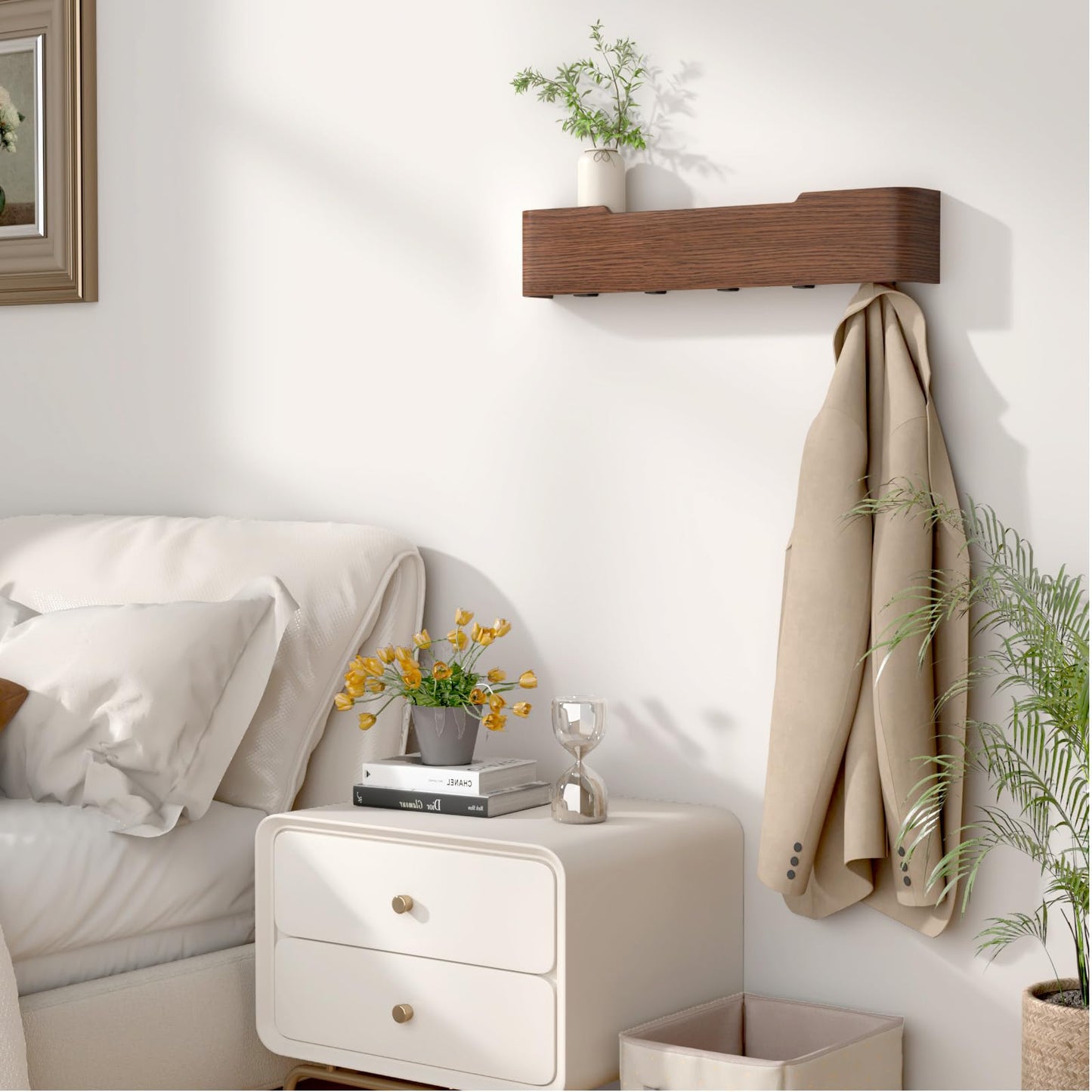 VERASCOT Wall Mounted Coat Rack with Shelf, Wooden Entryway Organizer with Hidden Metal Hooks for Hanging Coats Bags Keys, Modern Floating Shelf for Hallway Bathroom